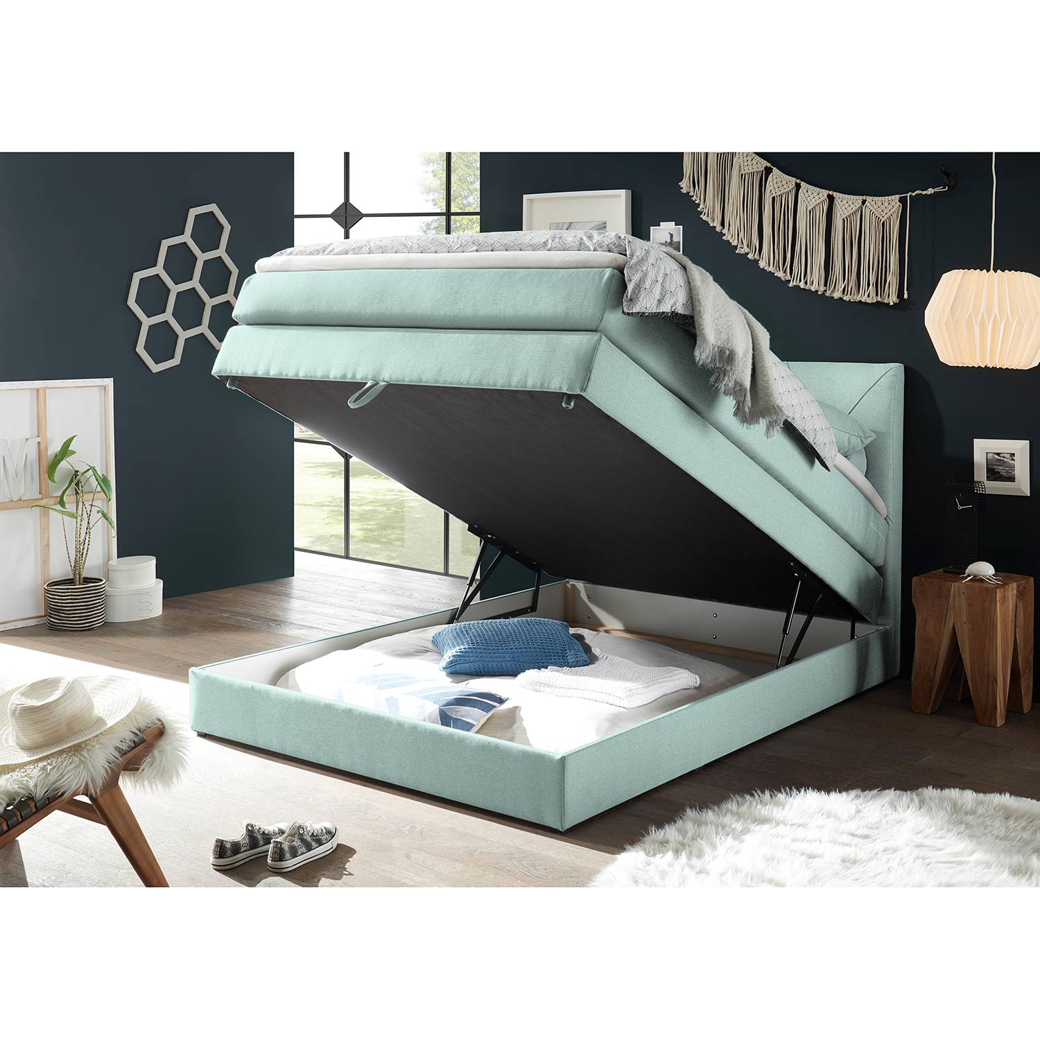 home24 loftscape Boxspringbett Griggs 120x200 cm Webstoff Mint mit Bettkasten/Matratze/Topper Modern