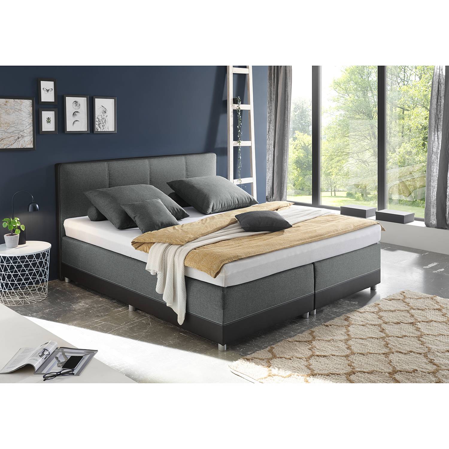 home24 loftscape Boxspringbett Hatch 160x200 cm Webstoff Schwarz/Anthrazit mit Matratze/Topper