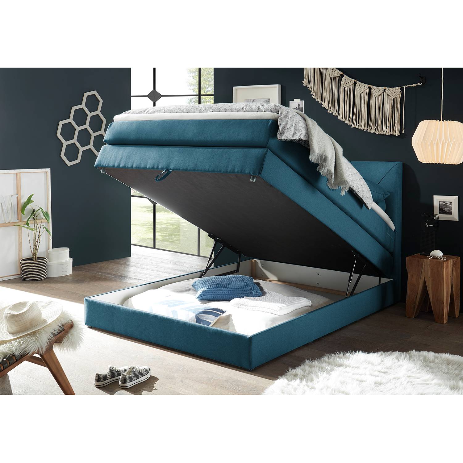 home24 loftscape Boxspringbett Griggs 140x200 cm Webstoff Dunkelblau mit Bettkasten/Matratze/Topper Modern