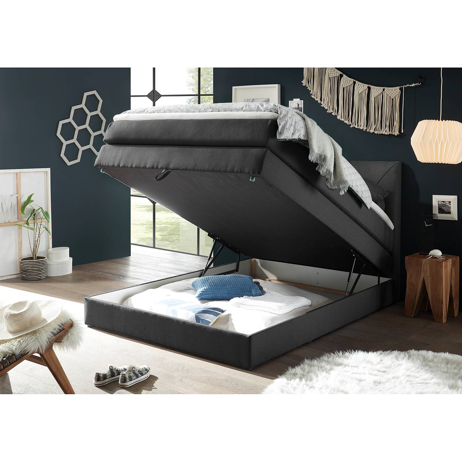 home24 loftscape Boxspringbett Griggs 120x200 cm Webstoff Schwarz mit Bettkasten/Matratze/Topper Modern