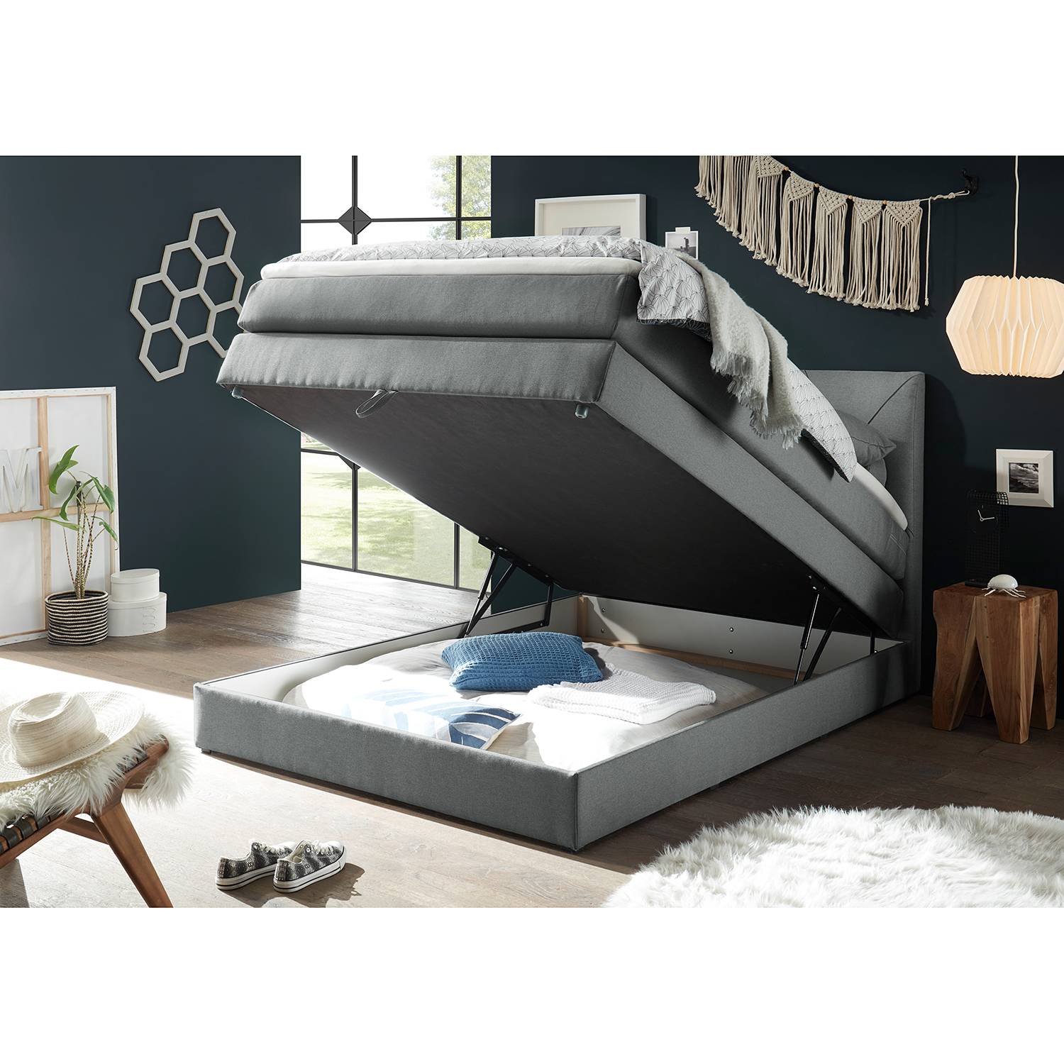 home24 loftscape Boxspringbett Griggs 140x200 cm Webstoff Hellgrau mit Bettkasten/Matratze/Topper Modern