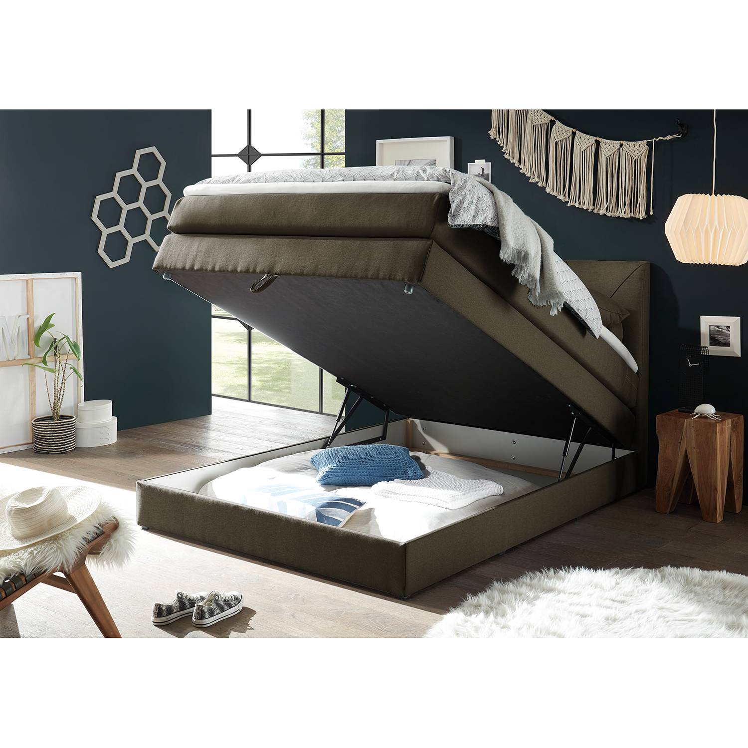 home24 loftscape Boxspringbett Griggs 140x200 cm Webstoff Schokolade/Braun mit Bettkasten/Matratze/Topper Modern