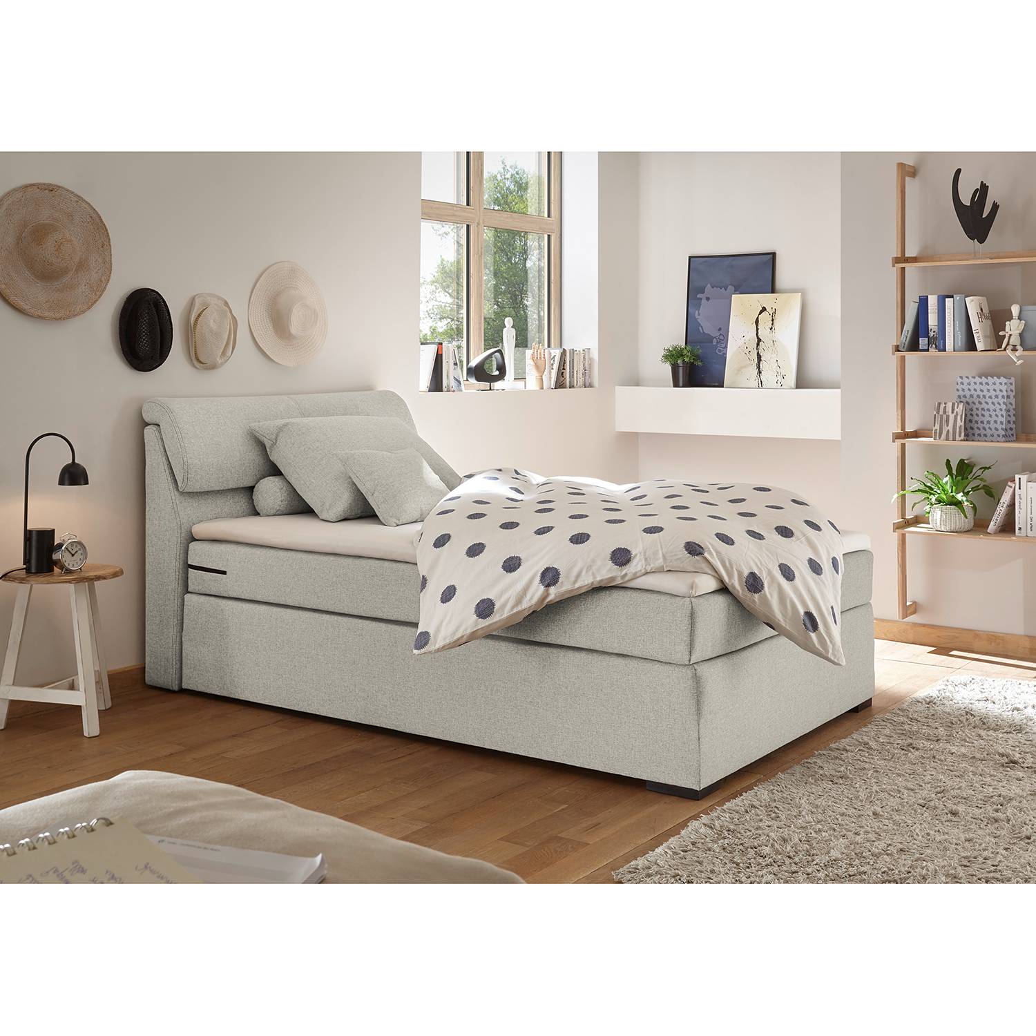 home24 loftscape Boxspringbett Kapaa 180x200 cm Webstoff Sand mit Bettkasten/Matratze/Topper Modern