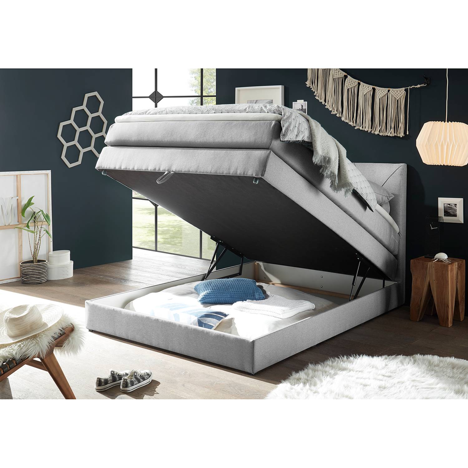 home24 loftscape Boxspringbett Griggs 140x200 cm Webstoff Silber mit Bettkasten/Matratze/Topper Modern