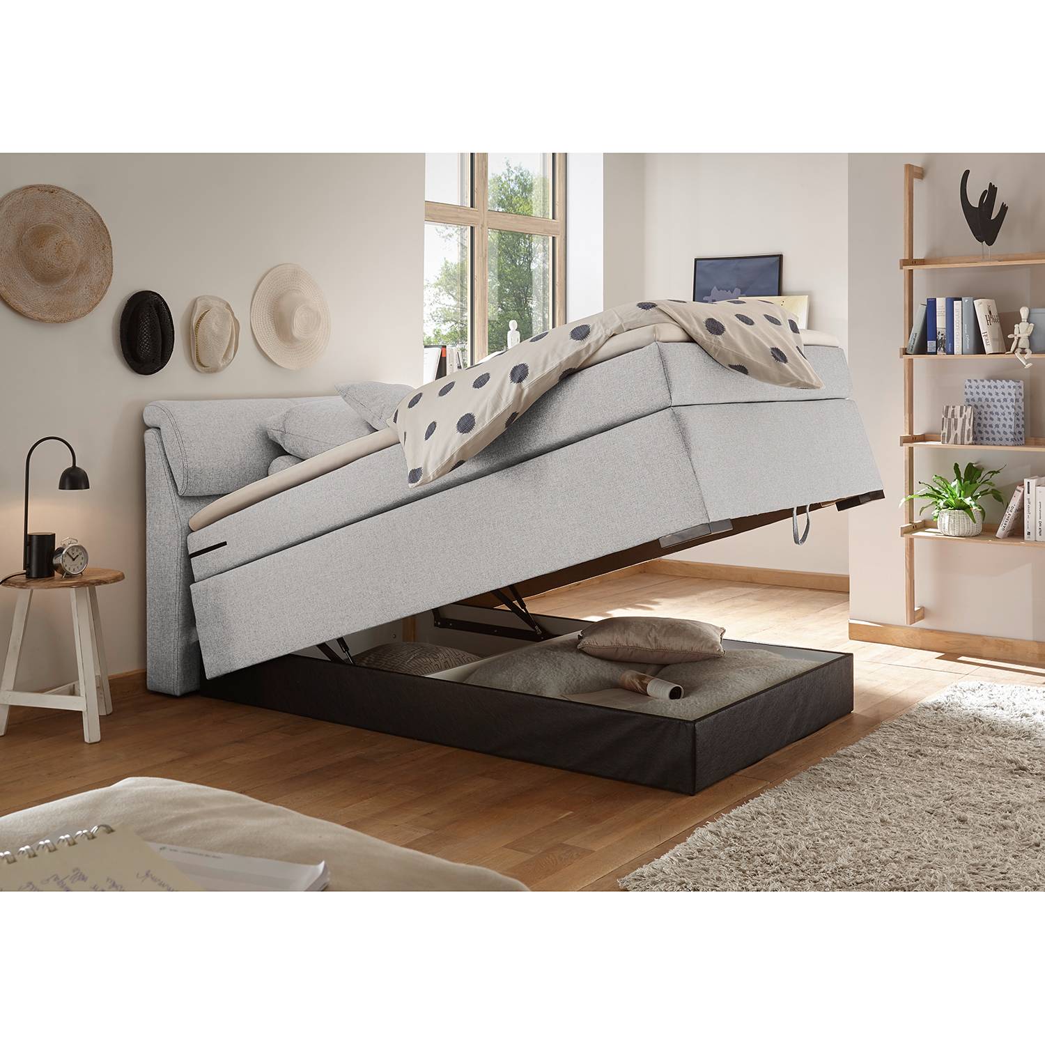 Home24 Loftscape Boxspringbett Kapaa 1x0 Cm Webstoff Silber Mit Bettkasten Matratze Topper Modern Moebel Suchmaschine Ladendirekt De