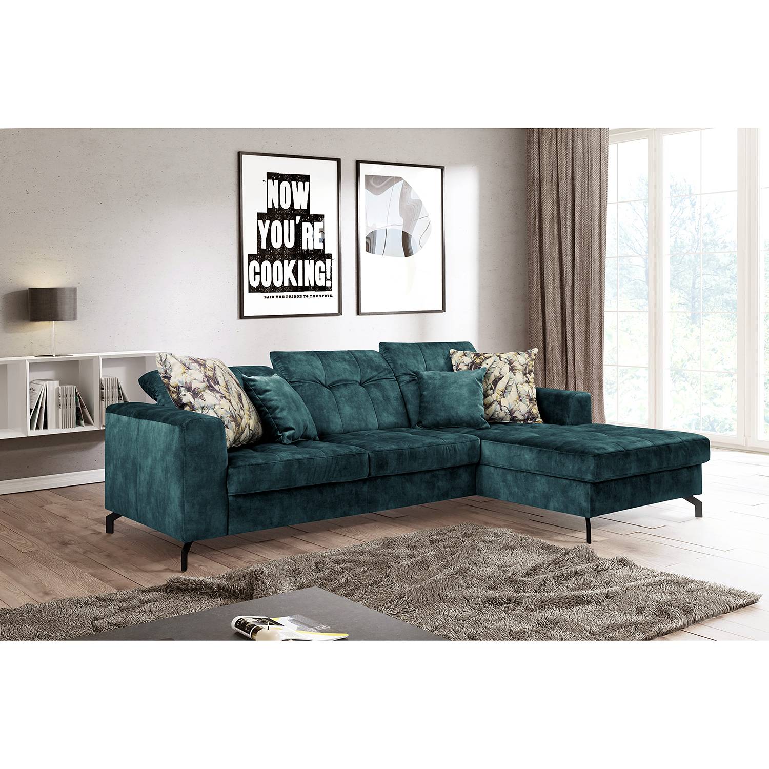 home24 Fredriks Ecksofa Atmore Petrol Microfaser 255x95x179 cm