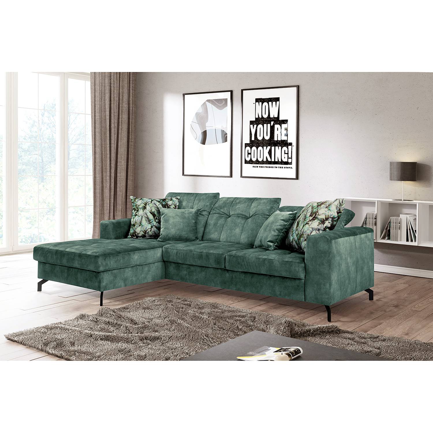 home24 Fredriks Ecksofa Atmore Meeresgrün Microfaser 255x95x179 cm