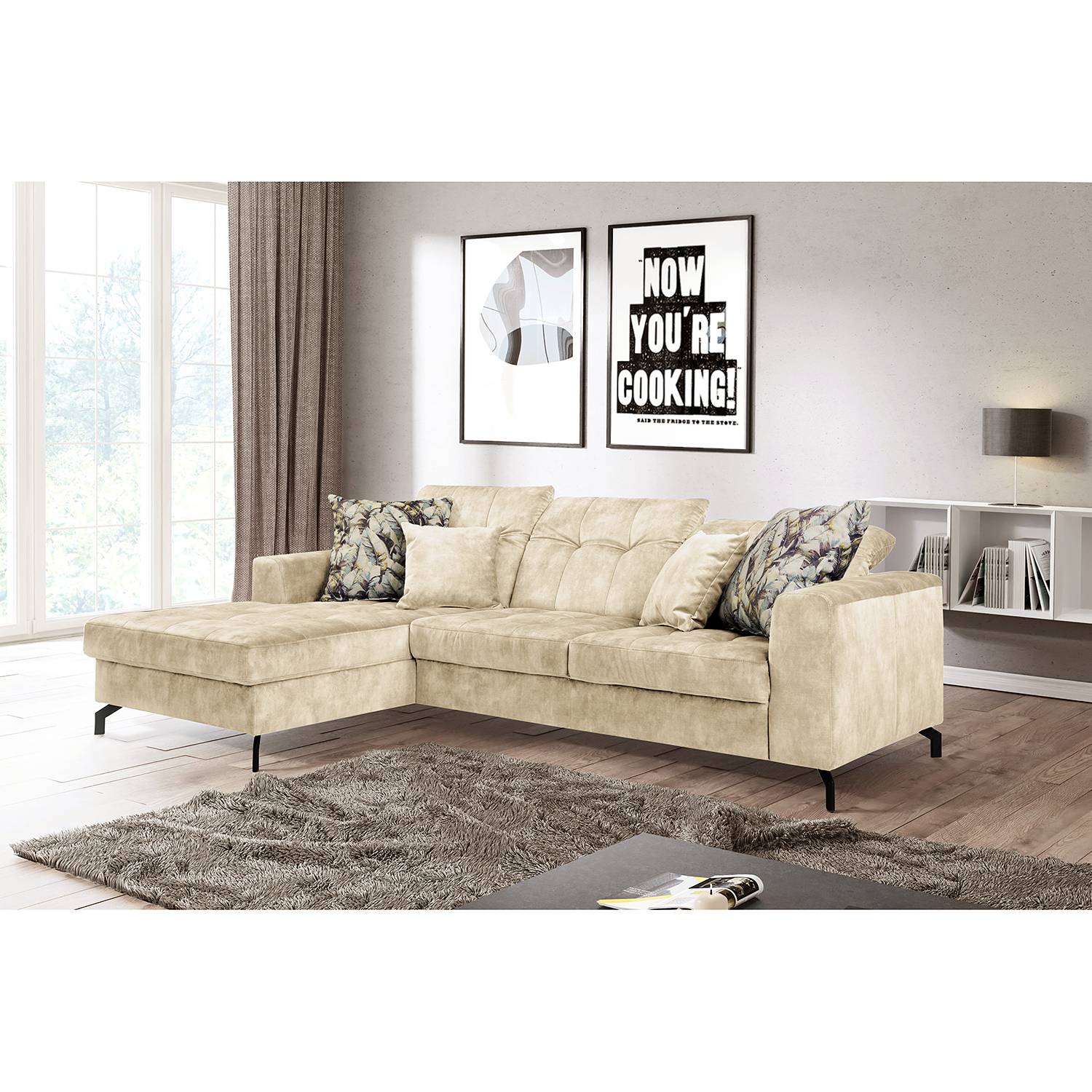 home24 Fredriks Ecksofa Atmore Creme Microfaser 255x95x179 cm