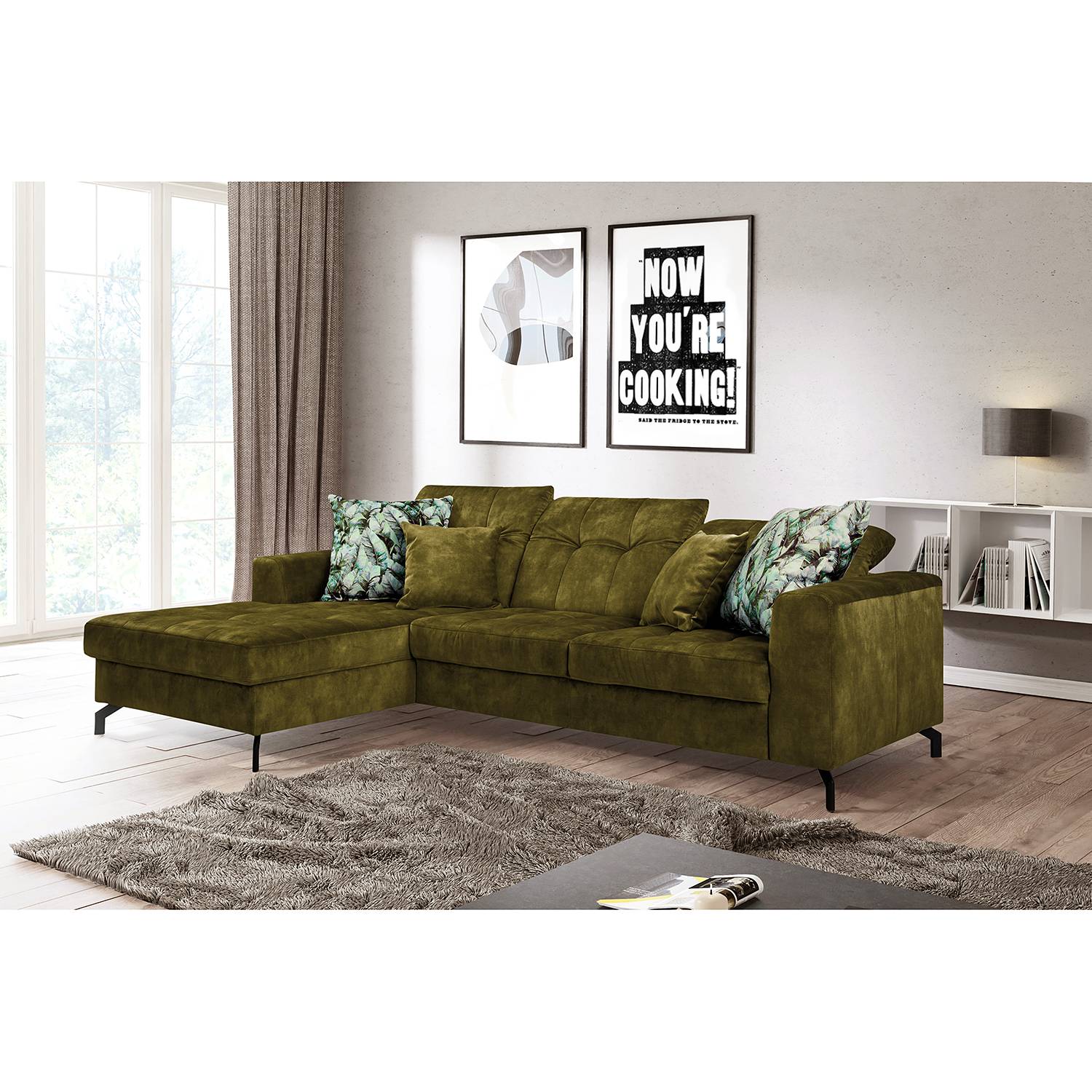 home24 Fredriks Ecksofa Atmore Olivgelb Microfaser 255x95x179 cm