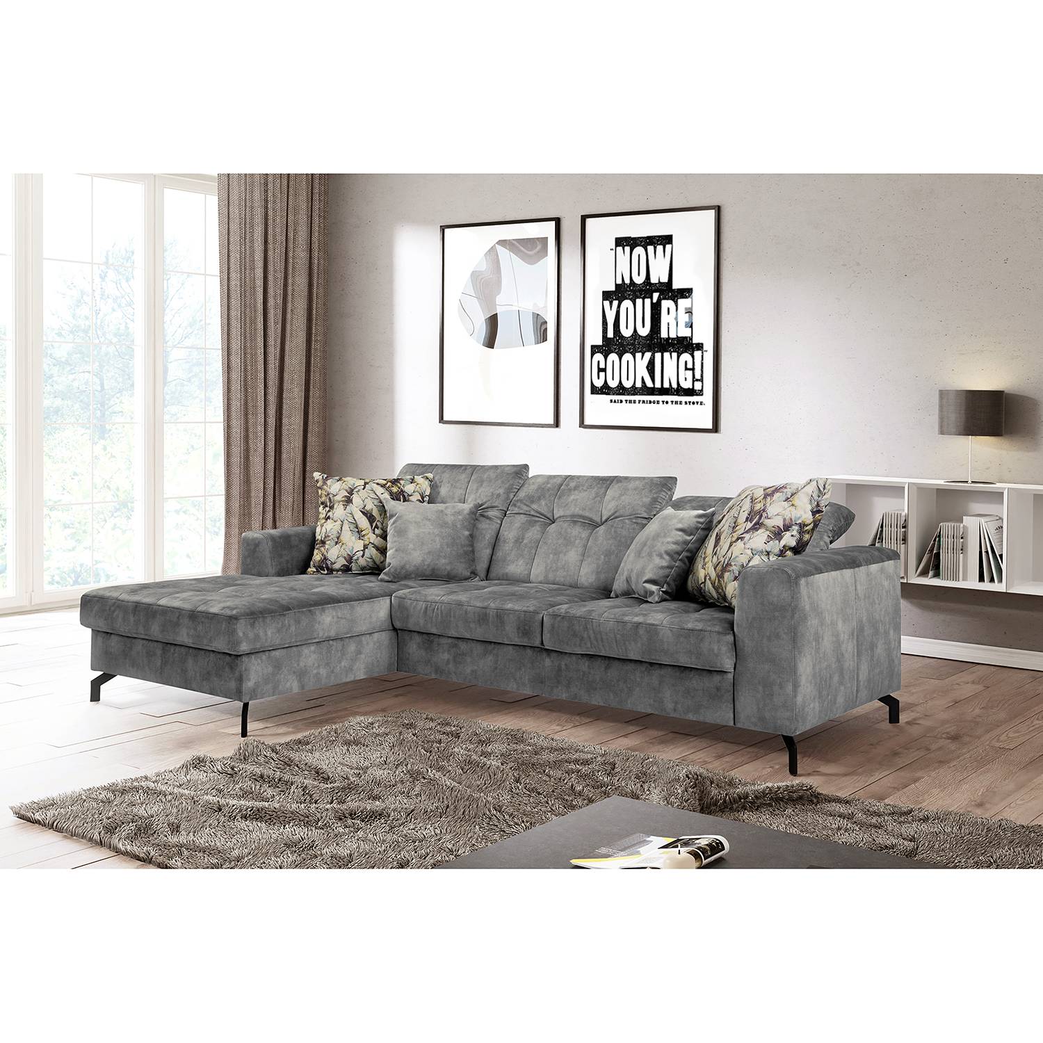 home24 Fredriks Ecksofa Atmore Grau Microfaser 255x95x179 cm