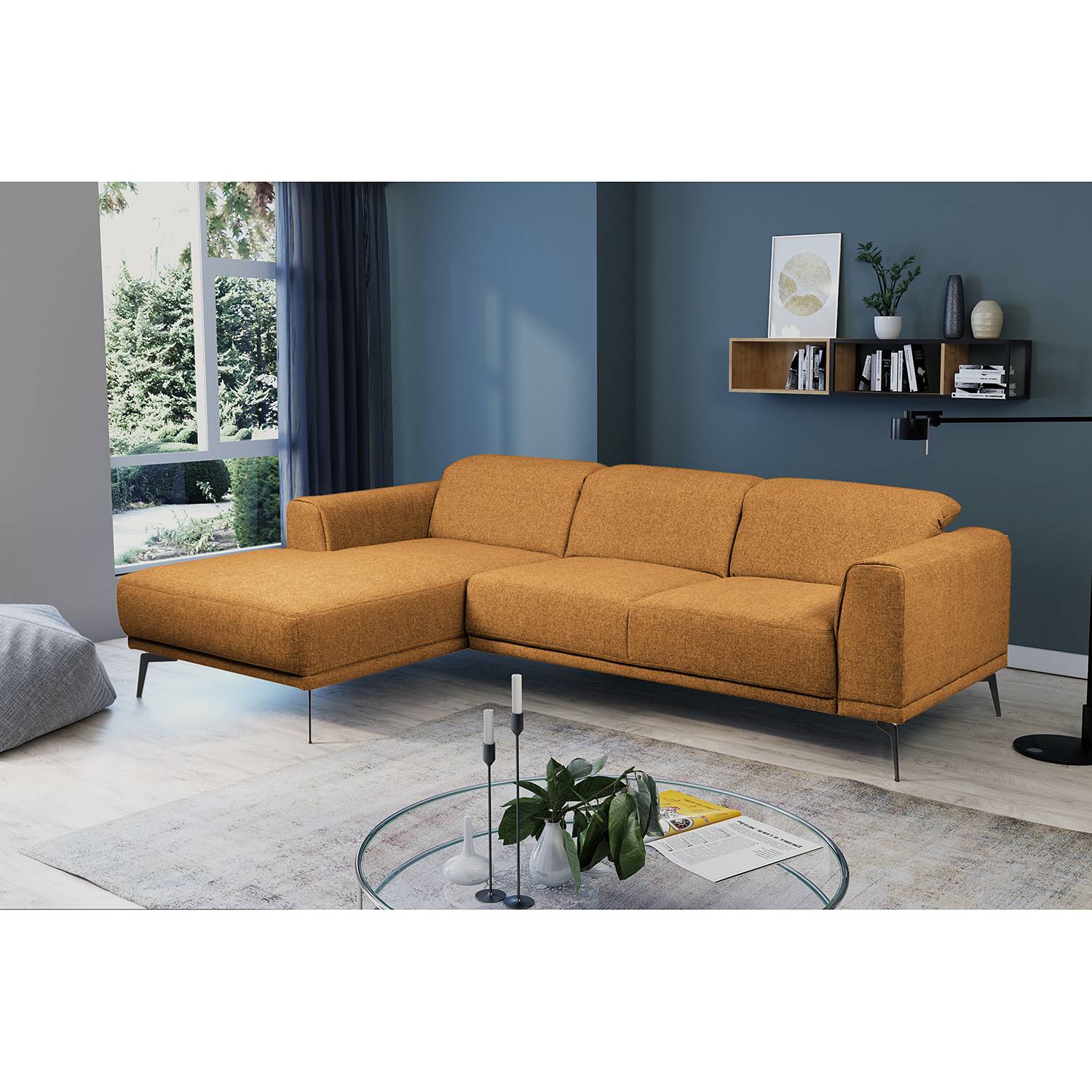 home24 Fredriks Ecksofa Basin I Senfgelb Webstoff 255x95x179 cm