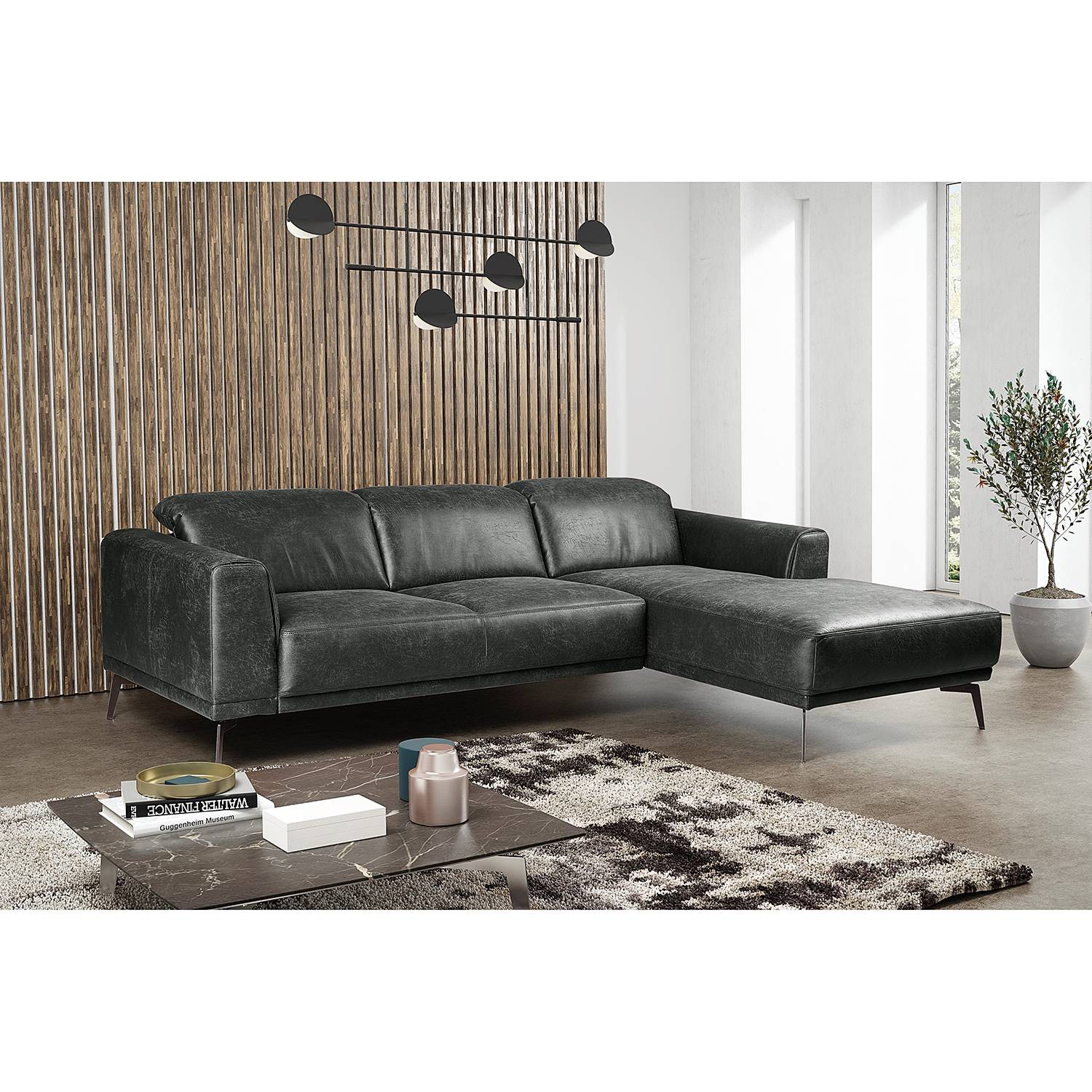 home24 Fredriks Ecksofa Basin II Dunkelgrau Kunstleder 255x95x179 cm