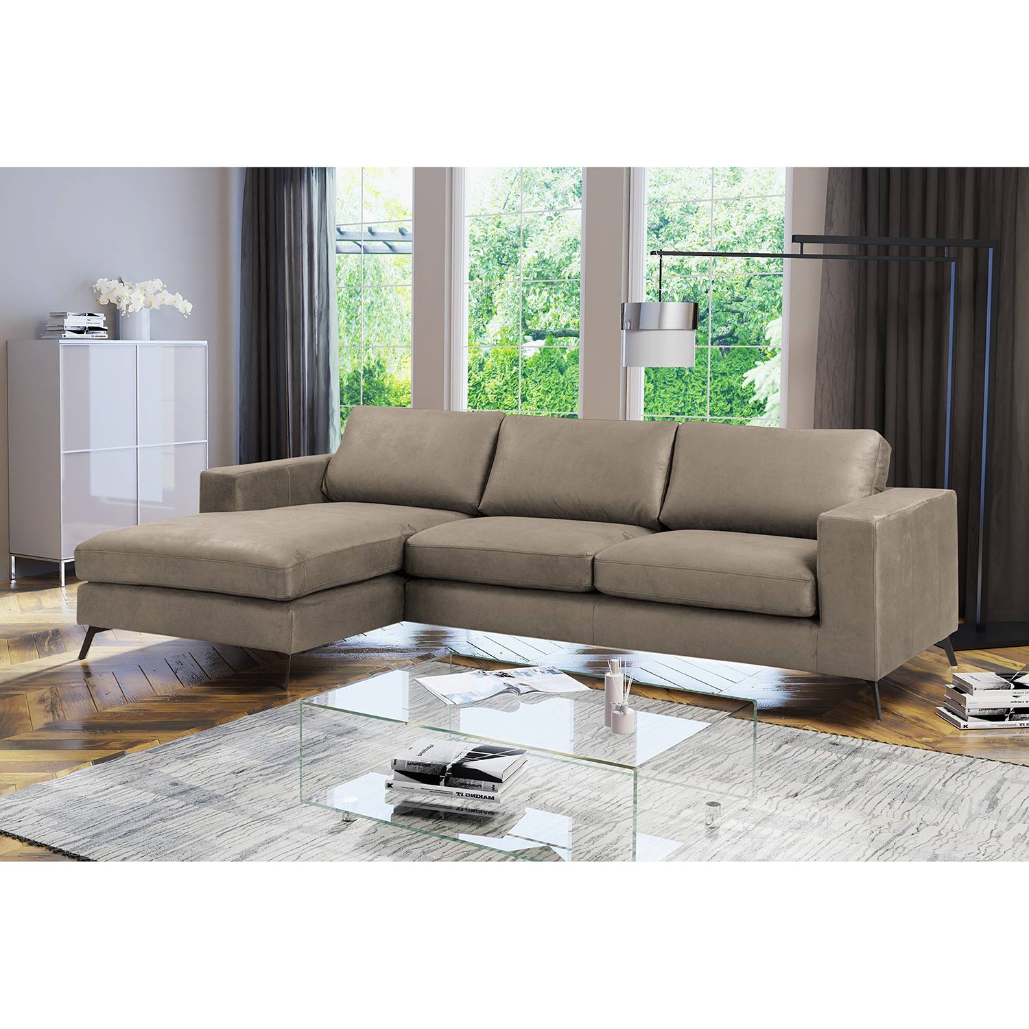 home24 Fredriks Ecksofa Denny I Taupe Microfaser 280x87x160 cm