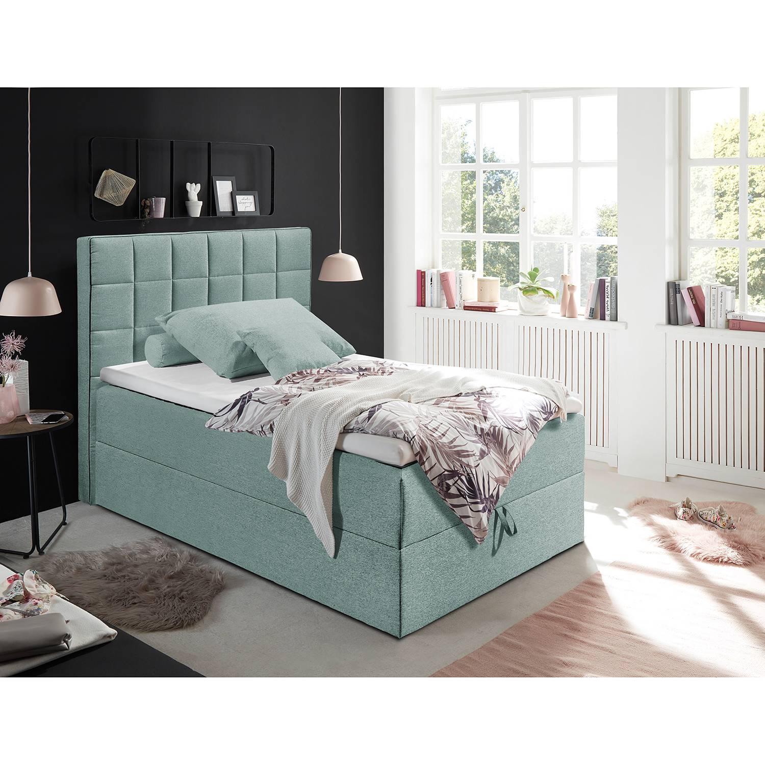 home24 loftscape Polsterbett Loiz 120x200 cm Webstoff Pastellblau mit Bettkasten/Kaltschaumtopper Modern