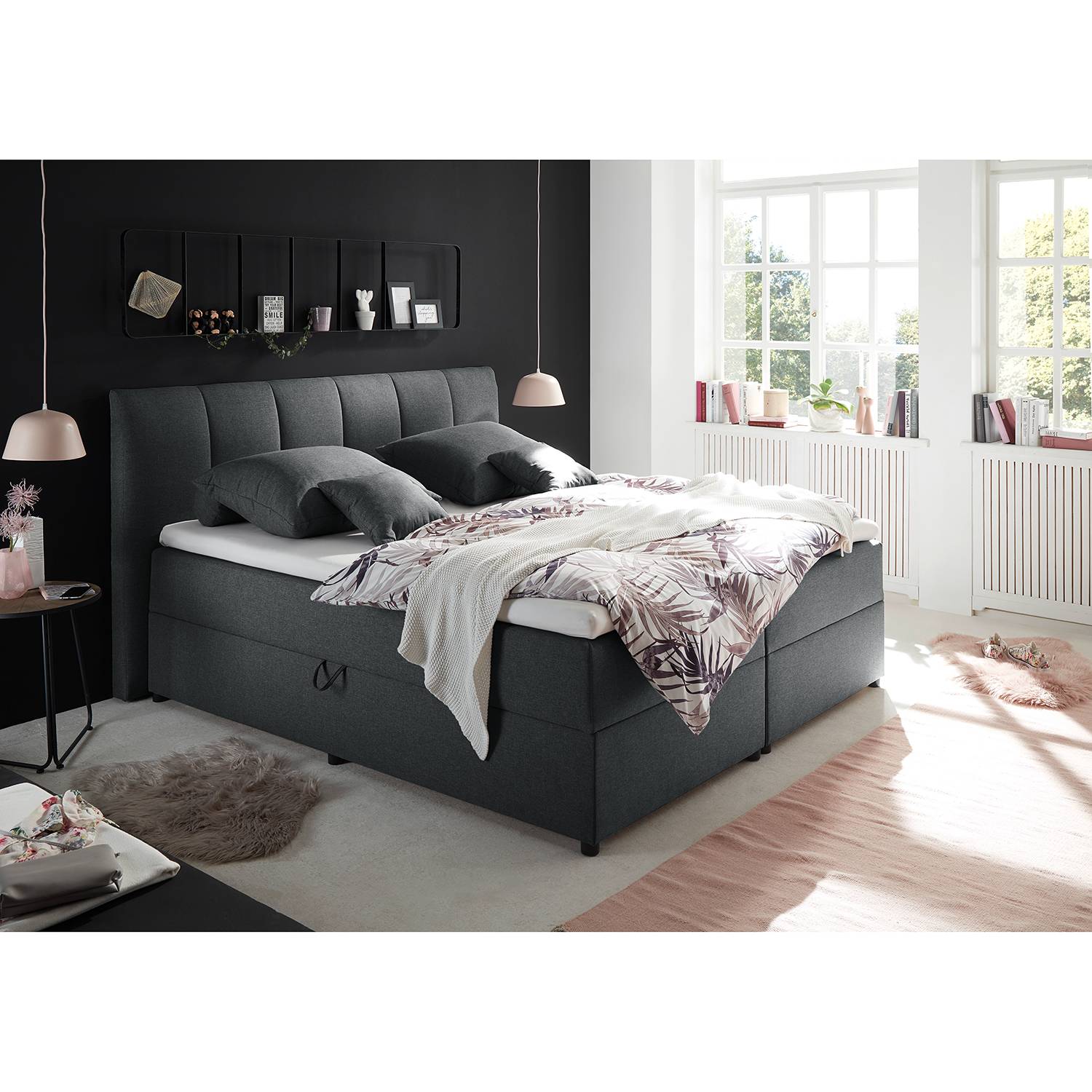 home24 loftscape Polsterbett Lofou 160x200 cm Webstoff Hellanthrazit mit Bettkasten/Topper Modern