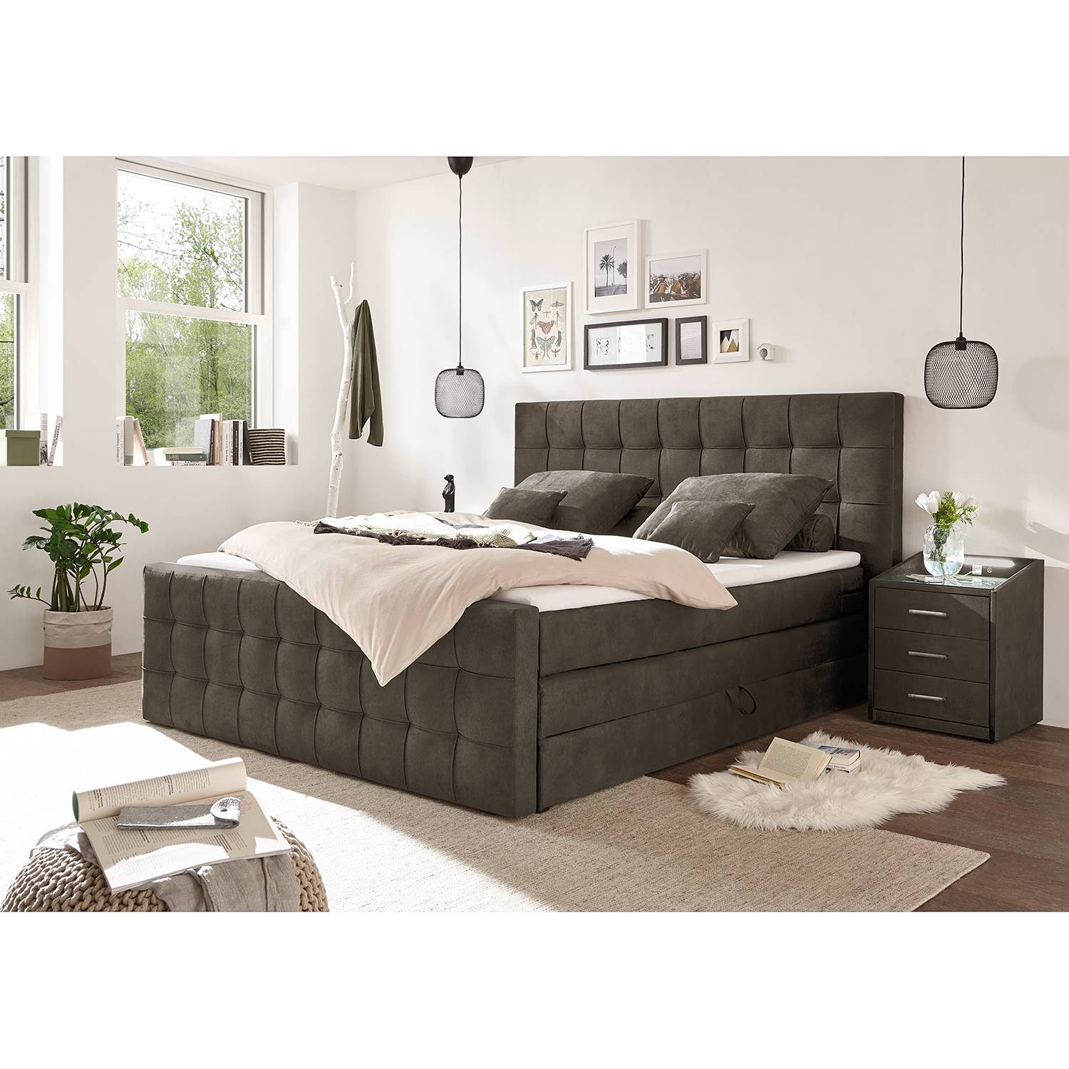 home24 loftscape Boxspringbett Bellwood 180x200 cm Microvelour Espresso mit Bettkästen/Matratze/Kaltschaumtopper