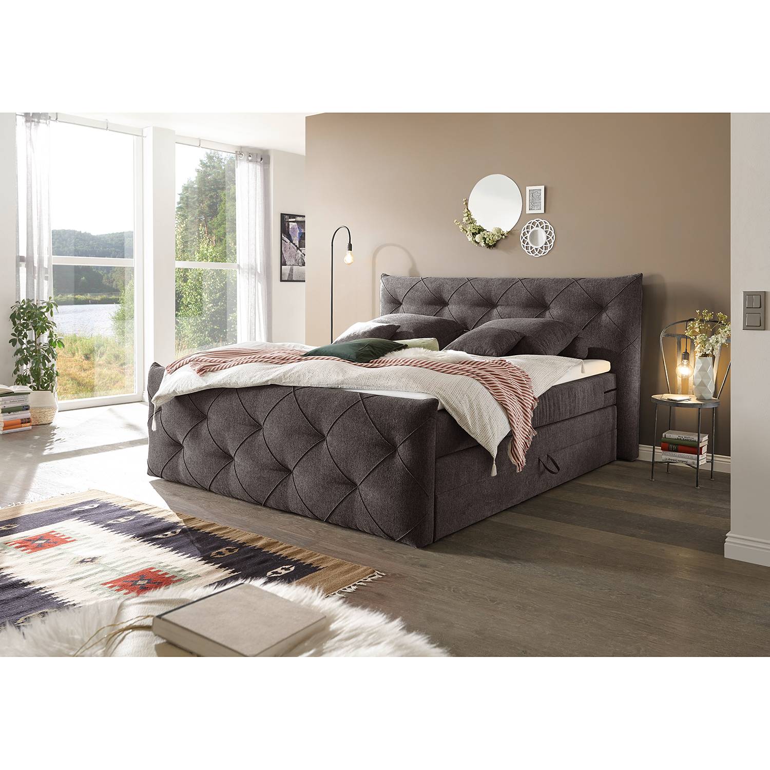 home24 loftscape Boxspringbett Bellvue 180x200 cm Webstoff Espresso mit Bettkästen/Matratze/Kaltschaumtopper