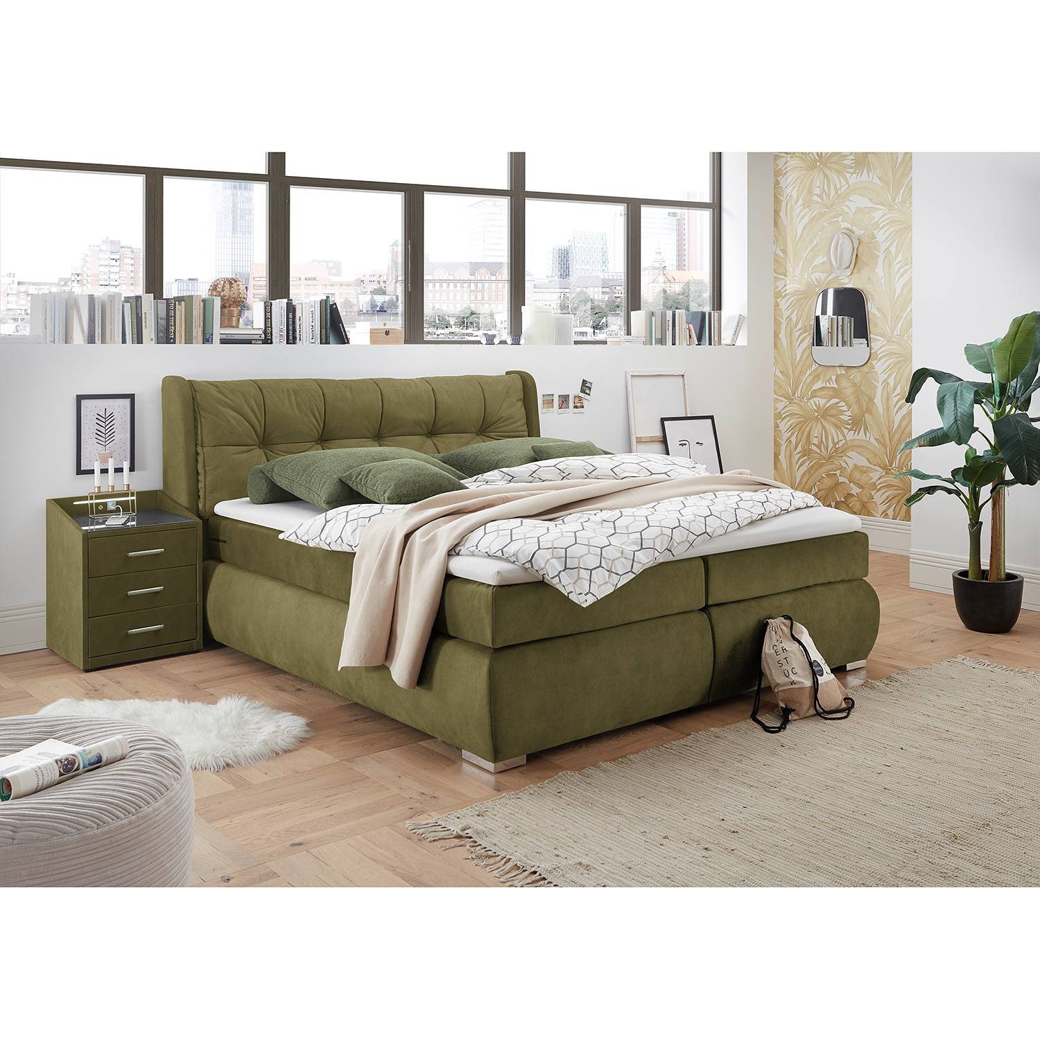 Home24 Ch Loftscape Boxspringbett Bellview 180x0 Cm Microvelour Olivgrun Mit Bettkasten Matratze Kaltschaumtopper Moebelscout