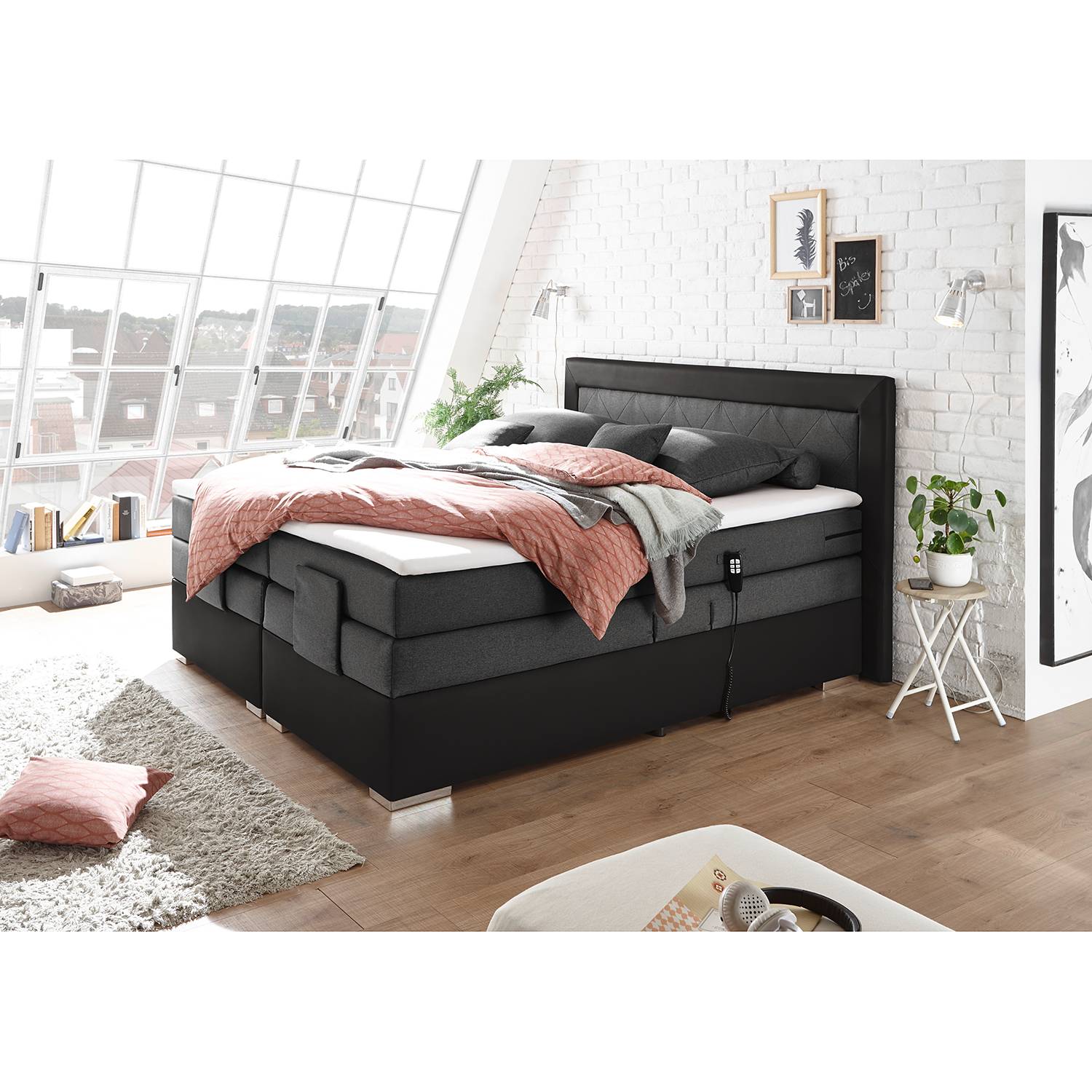 home24 loftscape Boxspringbett Bellmont 160x200 cm Webstoff/Kunsleder Anthrazit/Schwarz mit Matratze/Topper