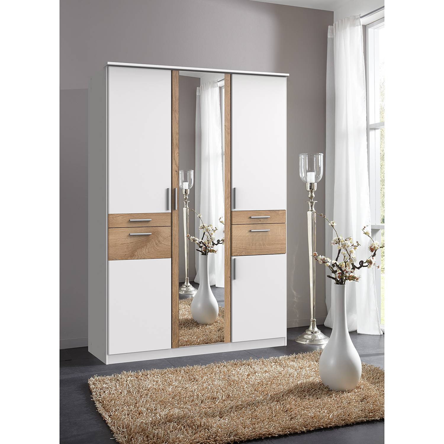 home24 Wimex Drehtürenschrank Koblenz II Weiß/Plankeneiche Dekor mit Spiegel 135x199x58 cm (BxHxT) 5-türig Spanplatte Modern