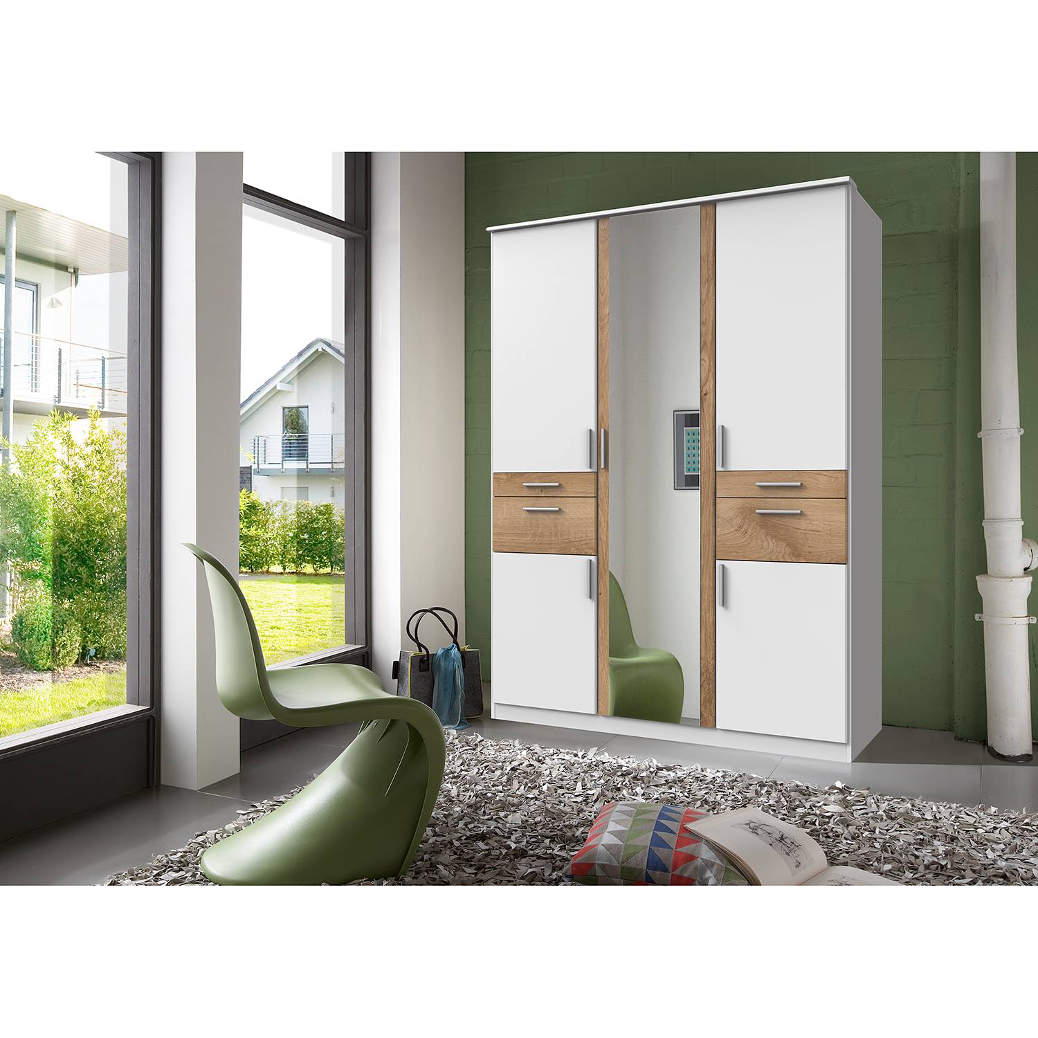 home24 Wimex Drehtürenschrank Koblenz II Weiß/Plankeneiche Dekor mit Spiegel 179x199x58 cm (BxHxT) 6-türig Spanplatte Modern