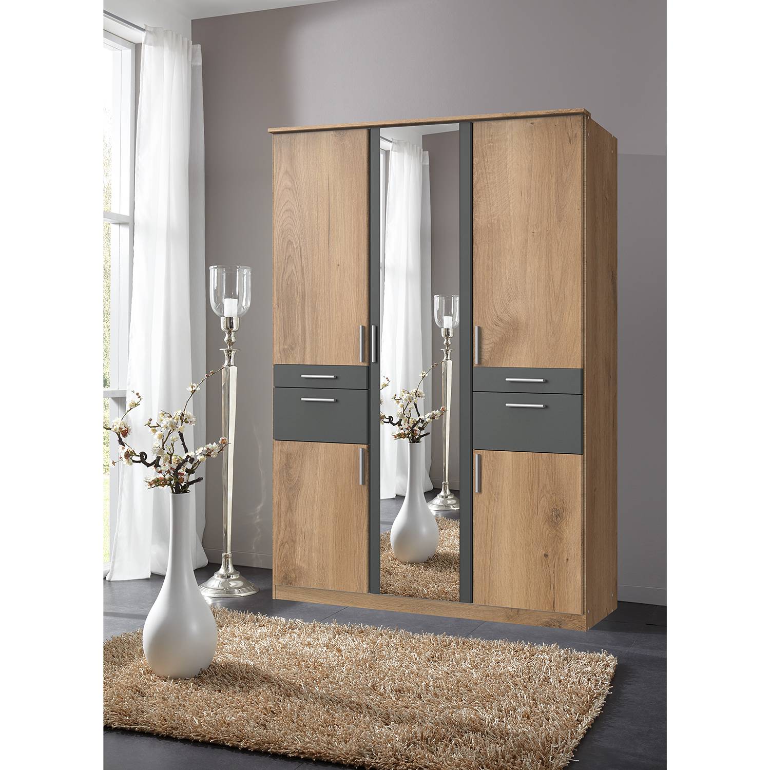 home24 Wimex Drehtürenschrank Koblenz II Plankeneiche-Dekor/Graphit mit Spiegel 135x199x58 cm (BxHxT) 5-türig Spanplatte Modern