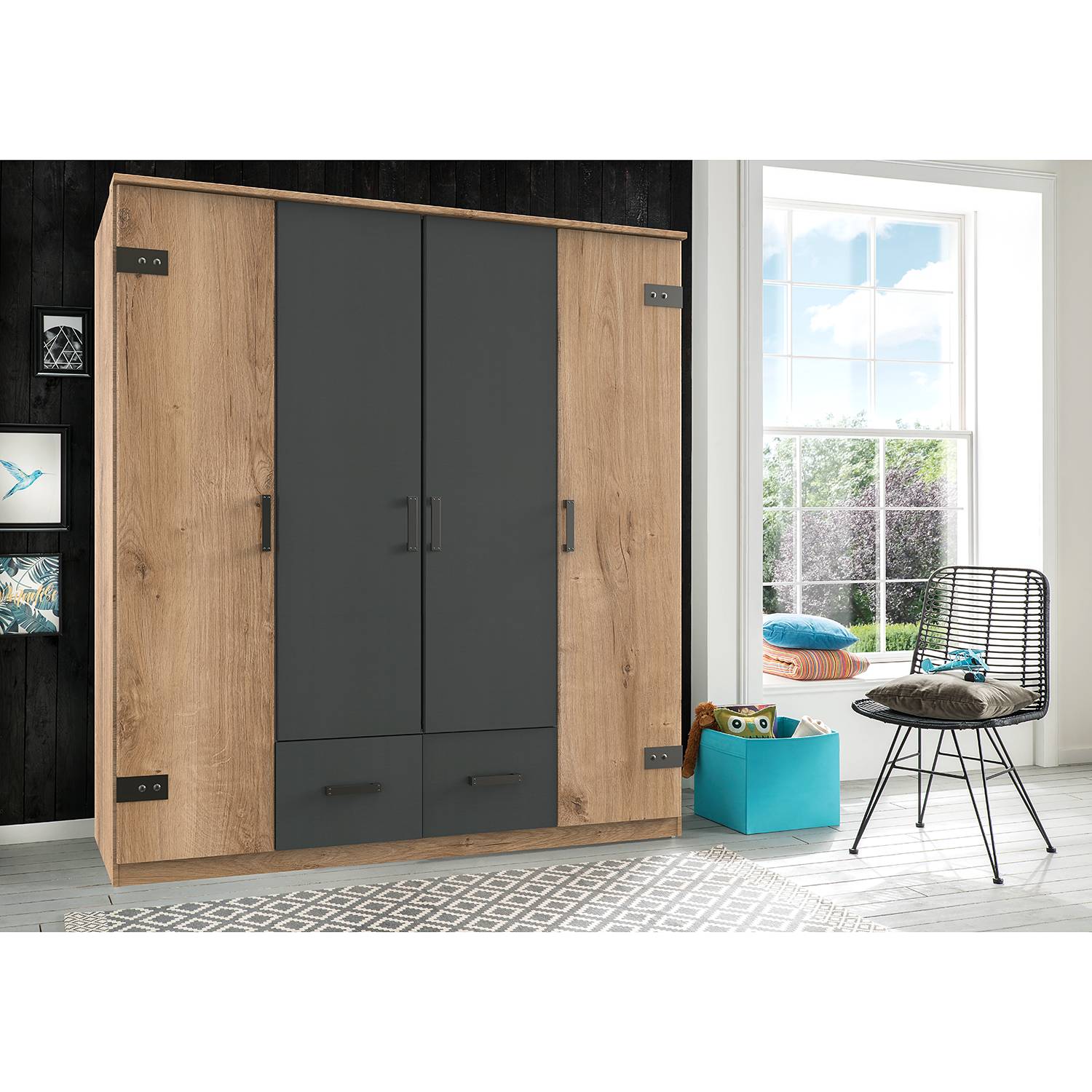 home24 Wimex Drehtürenschrank Glasgow I Plankeneiche-Dekor/Graphit 180x198x58 cm (BxHxT) 4-türig Spanplatte Modern