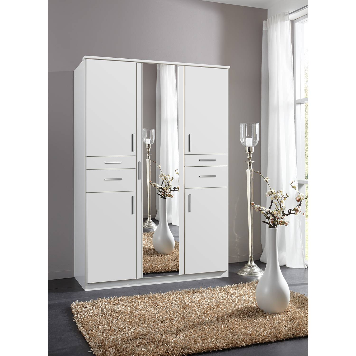 home24 Wimex Drehtürenschrank Koblenz II Weiß mit Spiegel 135x199x58 cm (BxHxT) 5-türig Spanplatte Modern