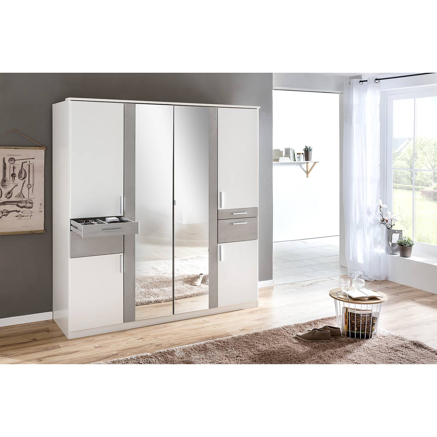 home24 Wimex Drehtürenschrank Koblenz II Weiß/Lichtgrau mit Spiegel 179x199x58 cm (BxHxT) 6-türig Spanplatte Modern