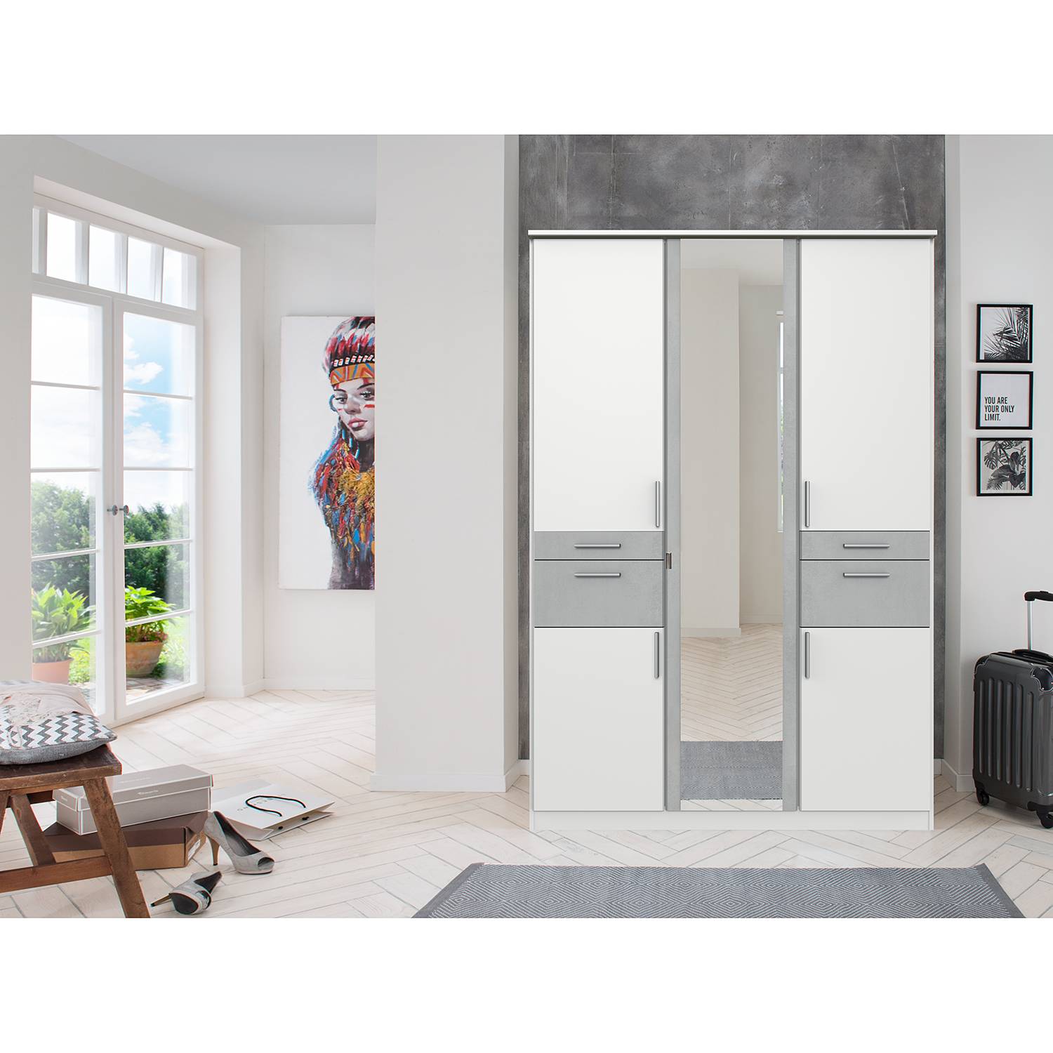 home24 Wimex Drehtürenschrank Koblenz II Weiß/Lichtgrau mit Spiegel 135x199x58 cm (BxHxT) 5-türig Spanplatte Modern