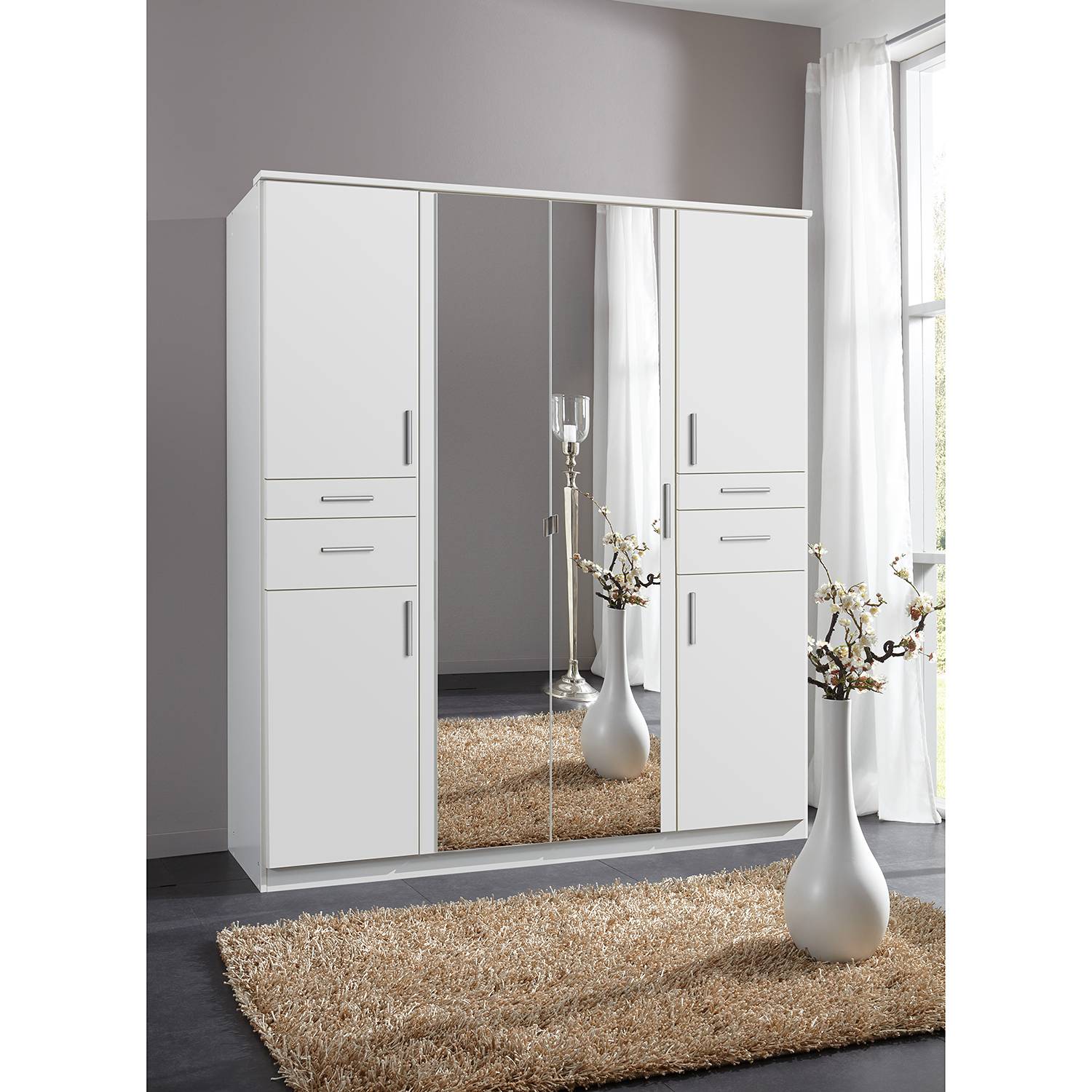 home24 Wimex Drehtürenschrank Koblenz II Weiß mit Spiegel 179x199x58 cm (BxHxT) 6-türig Spanplatte Modern
