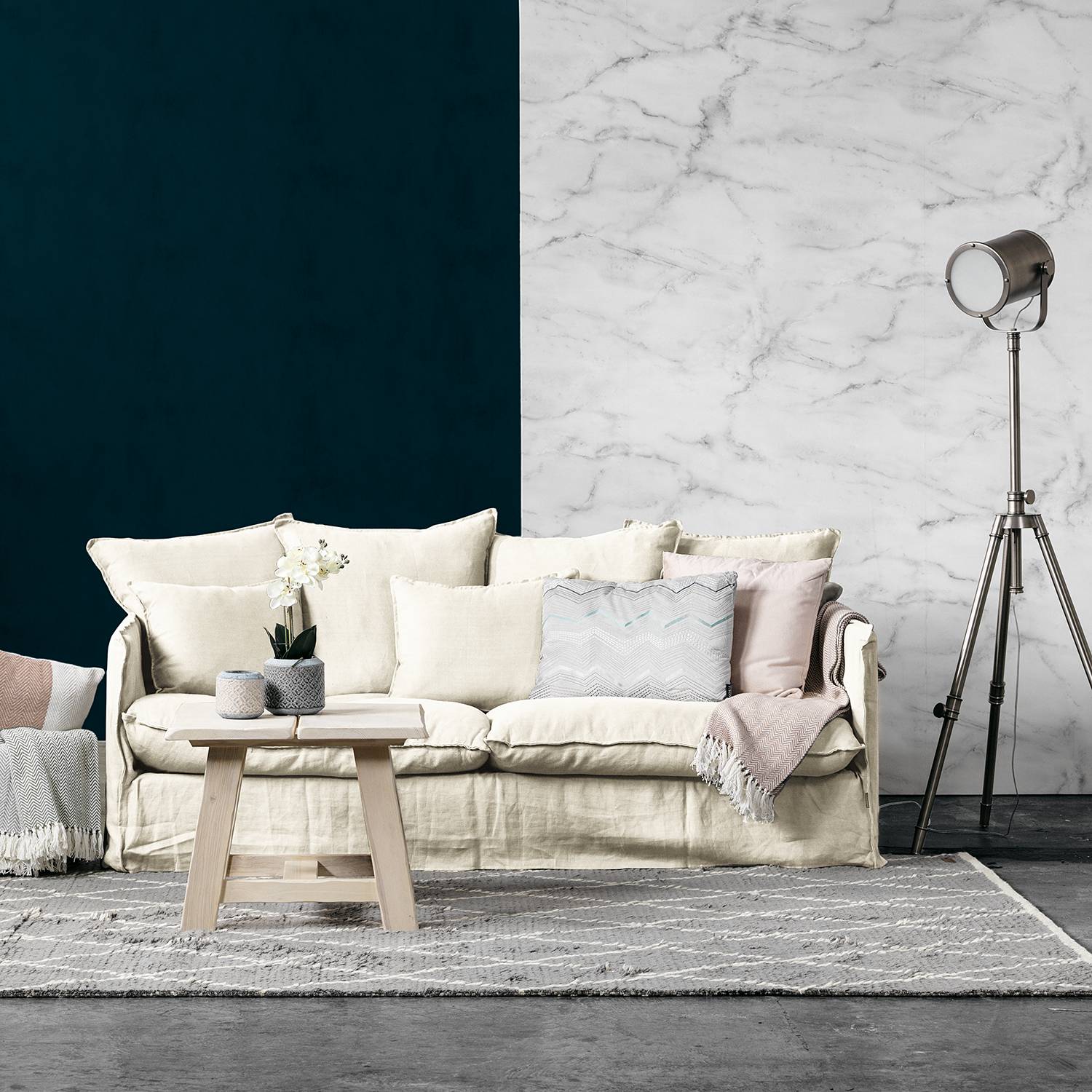 home24 Maison Belfort Sofa Wassy I 3-Sitzer Creme Strukturstoff 204x86x102 cm