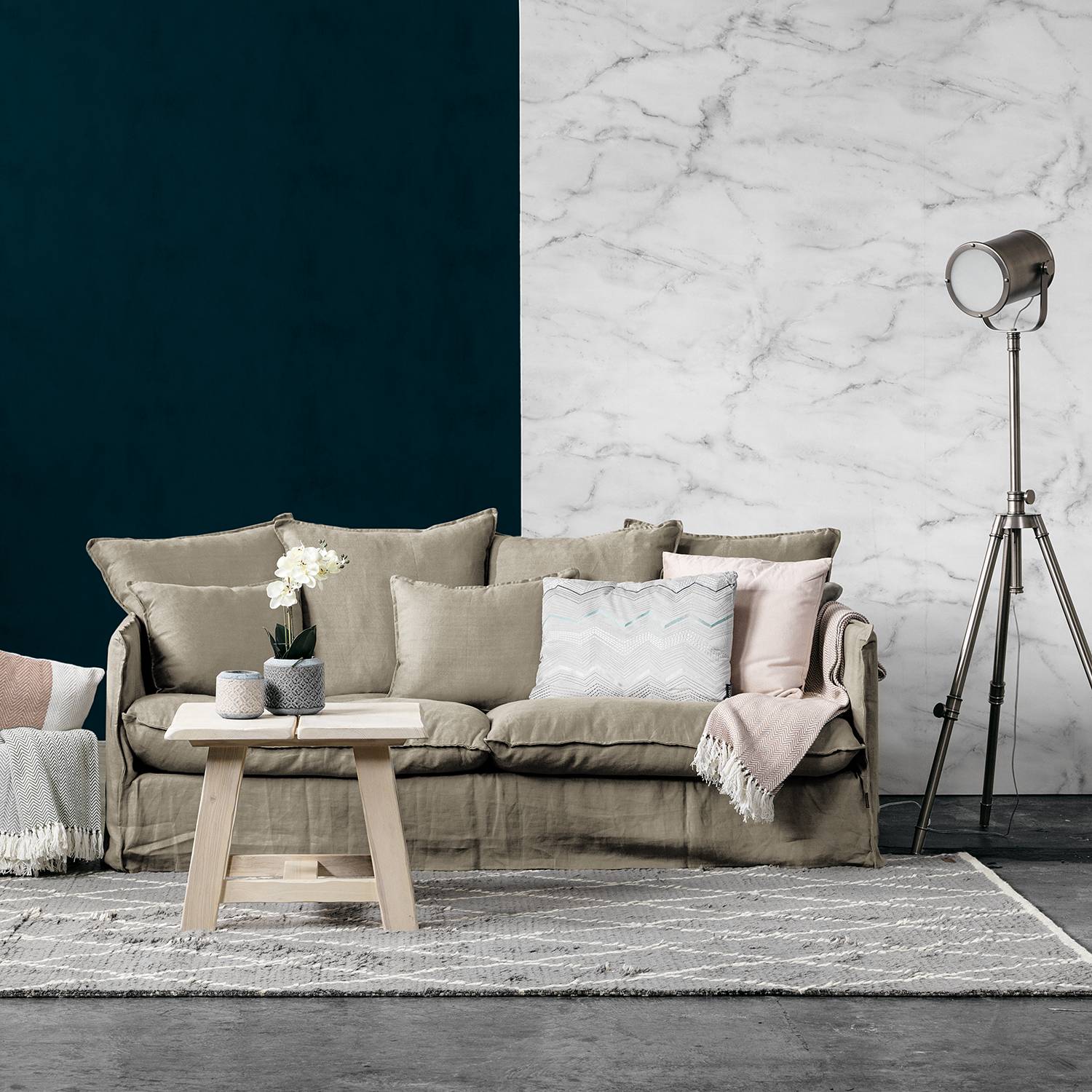 home24 Maison Belfort Sofa Wassy I 3-Sitzer Matt Sandgrau Leinen 204x86x102 cm
