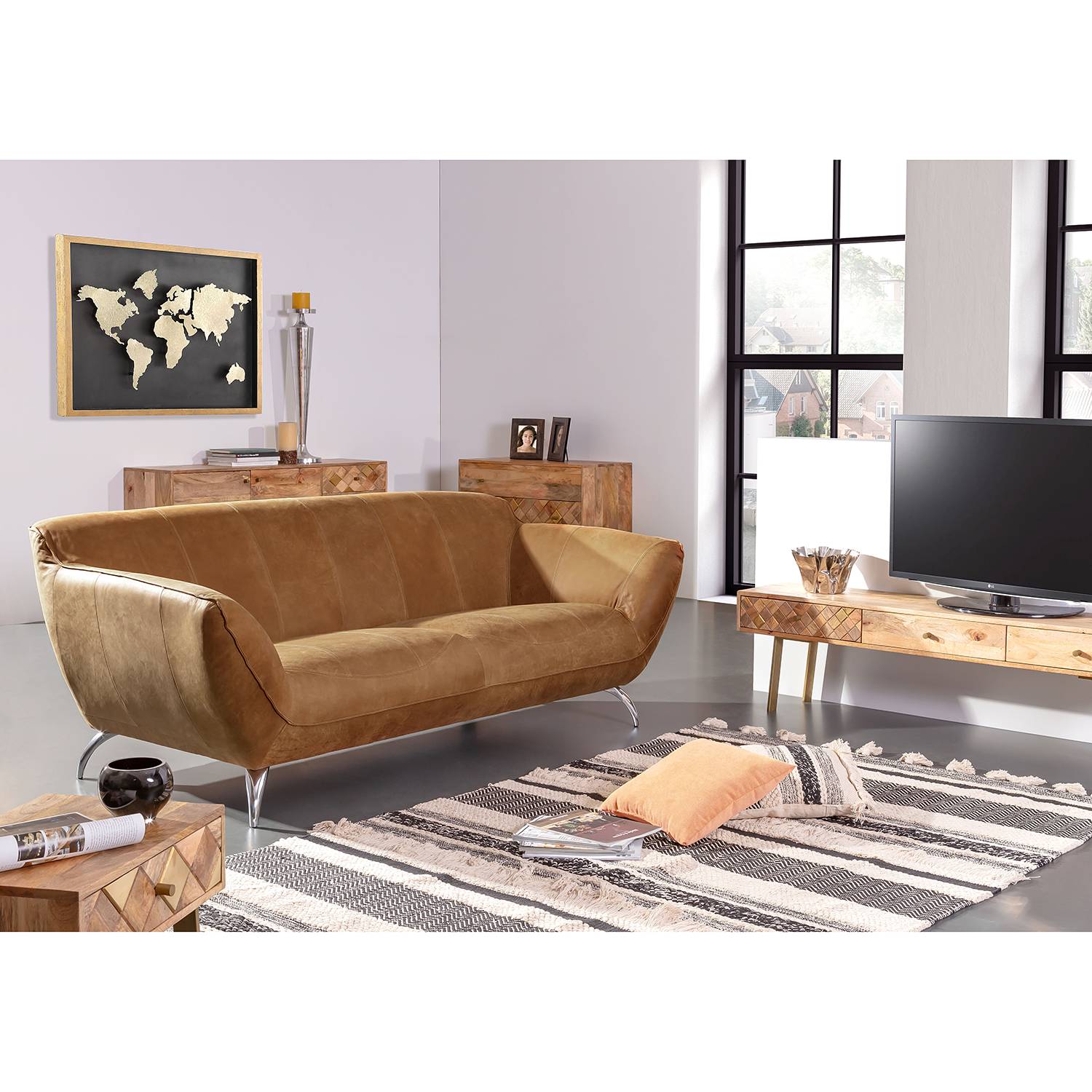 home24 loftscape Sofa Astley 2-Sitzer Cognac Echtleder 205x83x110 cm (BxHxT) Modern