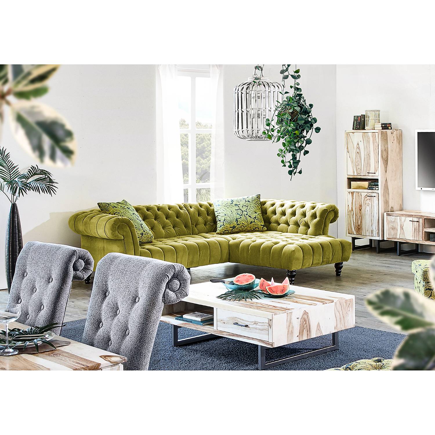 home24 loftscape Ecksofa Fireside II Avocado Microfaser 266x80x192 cm