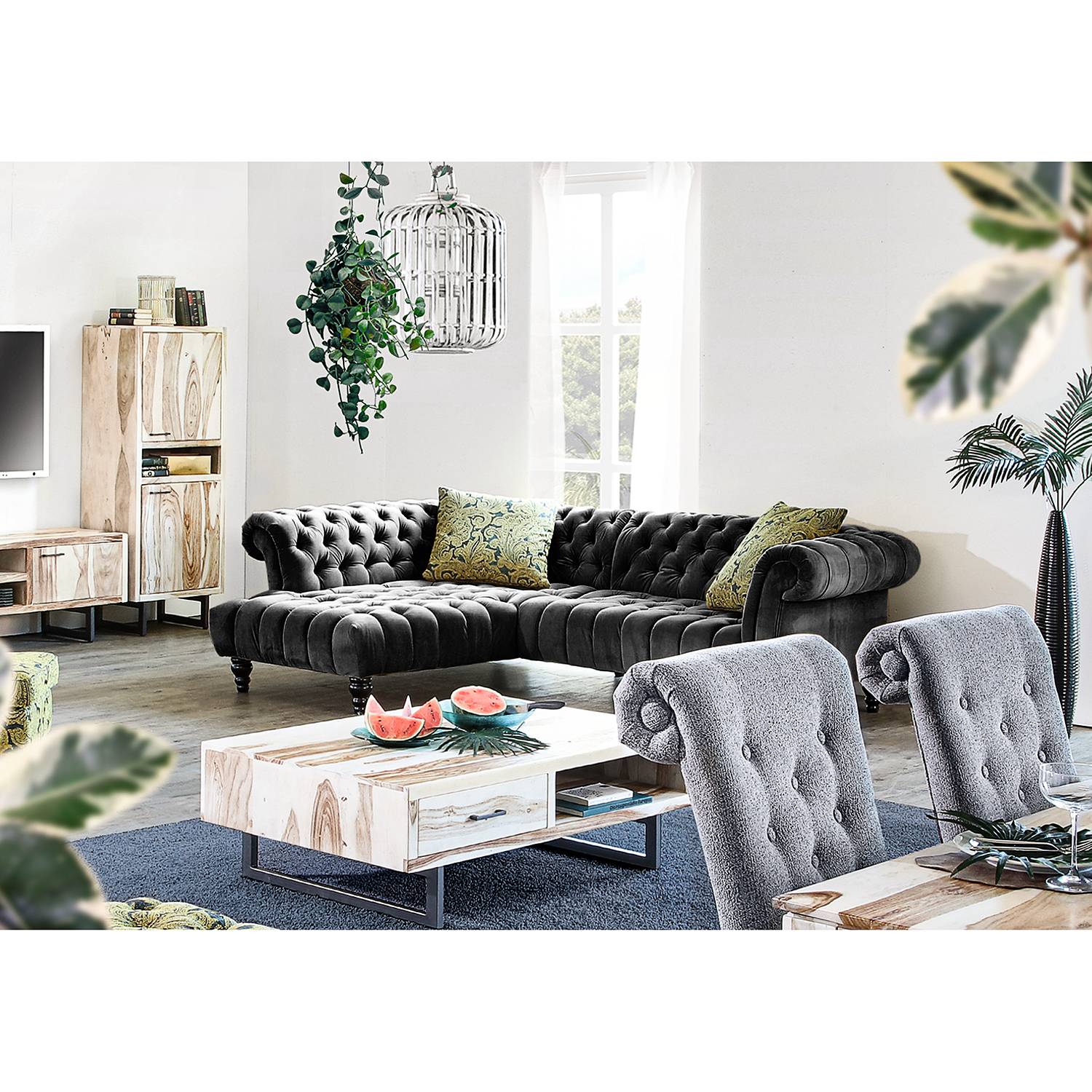 home24 loftscape Ecksofa Fireside II Schwarz Microfaser 266x80x192 cm