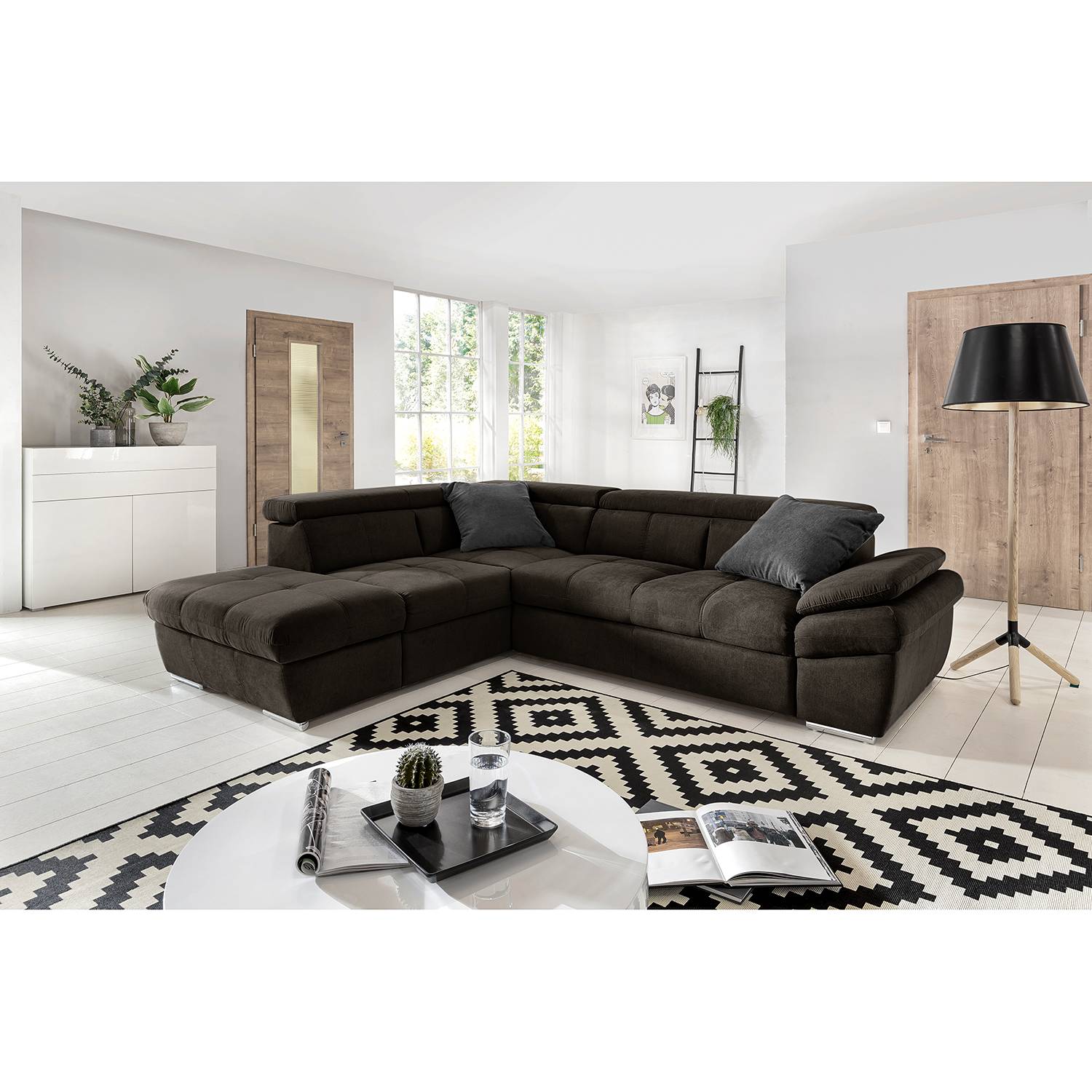 home24 Fredriks Ecksofa Barvas I Dunkelgrau Strukturstoff 217x78x265 cm mit Schlaffunktion und Bettkasten