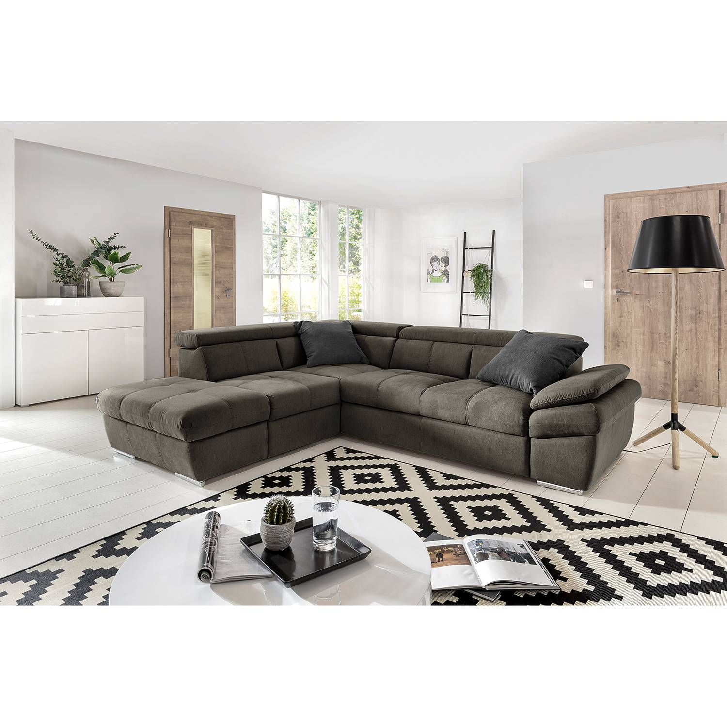 home24 Fredriks Ecksofa Barvas I Grau Strukturstoff 217x78x265 cm mit Schlaffunktion und Bettkasten