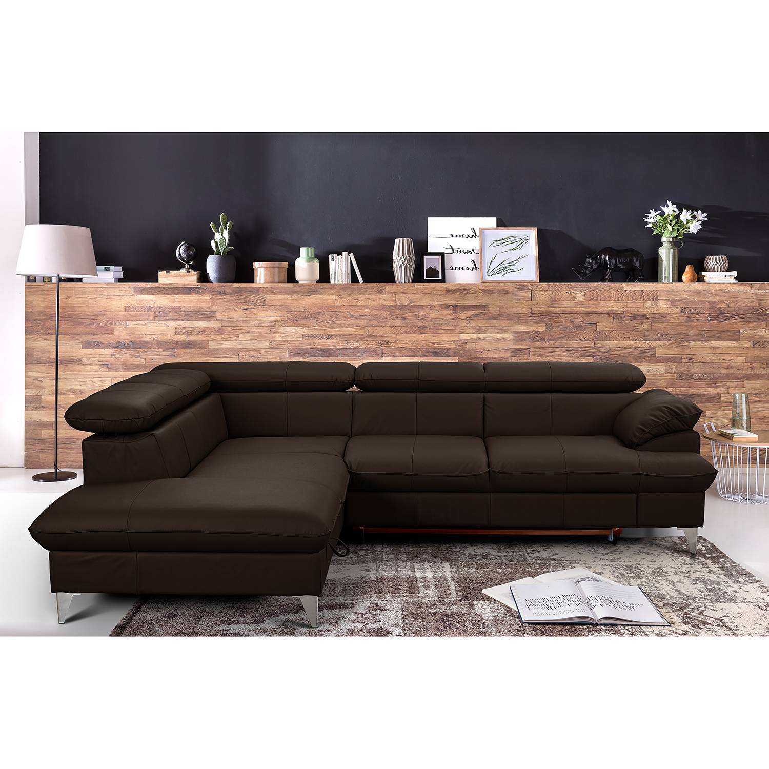 home24 Fredriks Ecksofa Coto I Dunkelbraun Echtleder 256x71x208 cm mit Schlaffunktion und Bettkasten