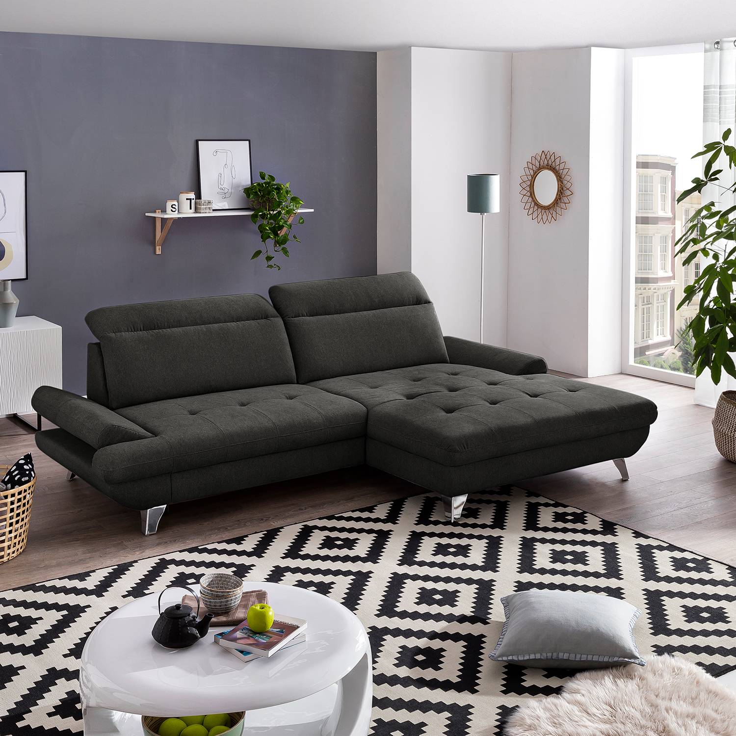 home24 Fredriks Ecksofa Gorman Schwarz Microfaser 274x85x178 cm mit Schlaffunktion