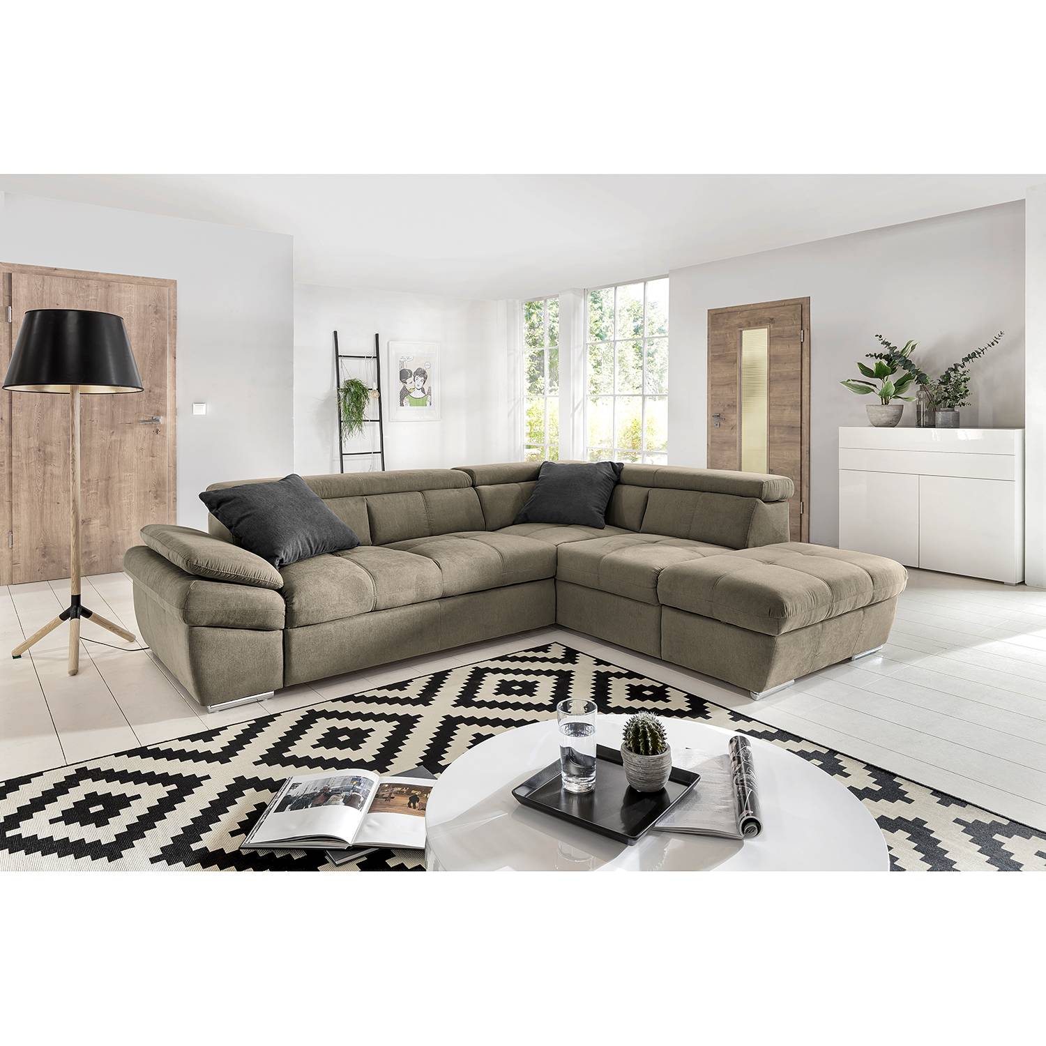 home24 Fredriks Ecksofa Barvas I Hellgrau Strukturstoff 265x78x217 cm mit Schlaffunktion und Bettkasten