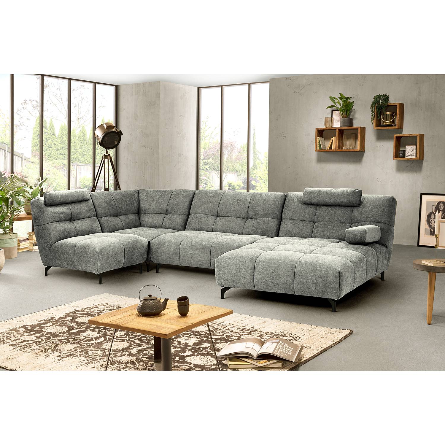 home24 Fredriks Wohnlandschaft Bellmore III Hellgrau Microfaser 344x91x169 cm