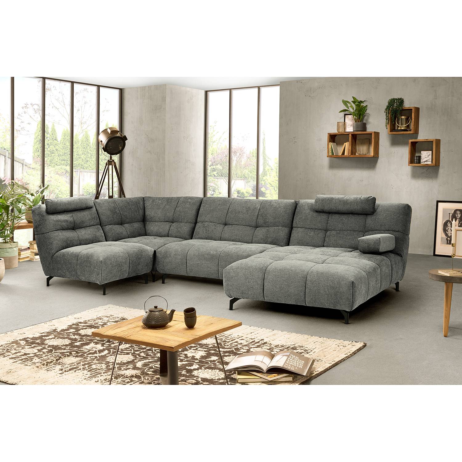 home24 Fredriks Wohnlandschaft Bellmore III Grau Microfaser 344x91x169 cm