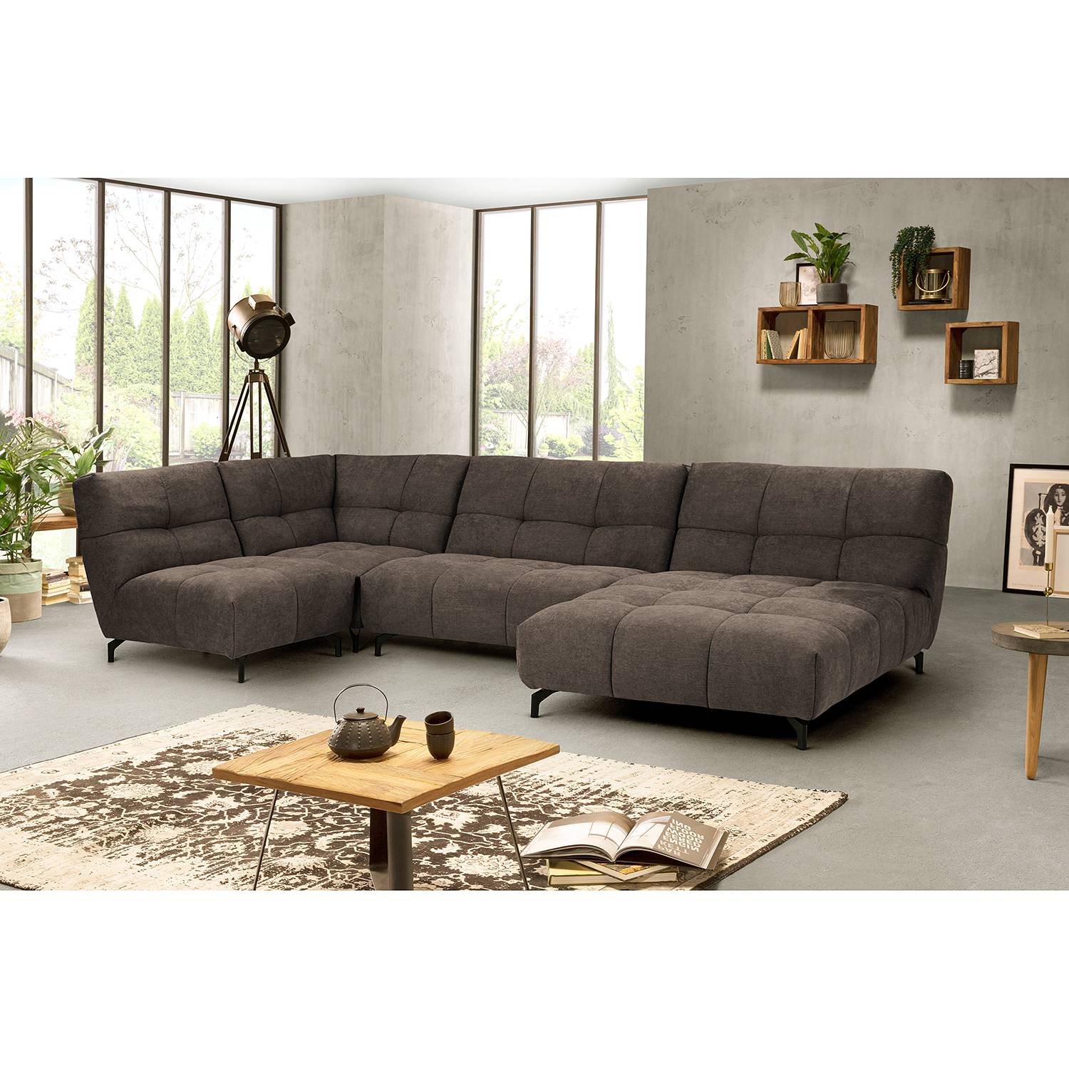 home24 Fredriks Wohnlandschaft Bellmore III Taupe Microfaser 344x91x169 cm