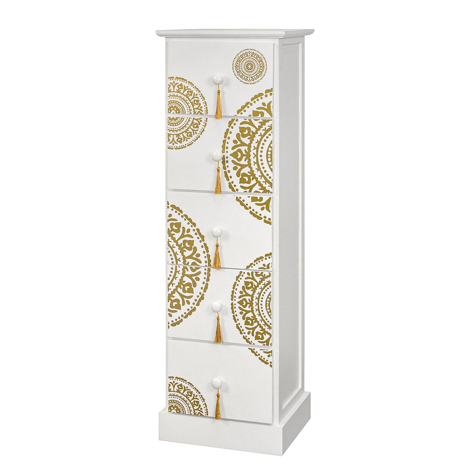 home24 Ridgevalley Kommode Youx Weiß/Gold Massivholz Paulownia/MDF 30x95x25 cm (BxHxT) Modern 5 Schubladen