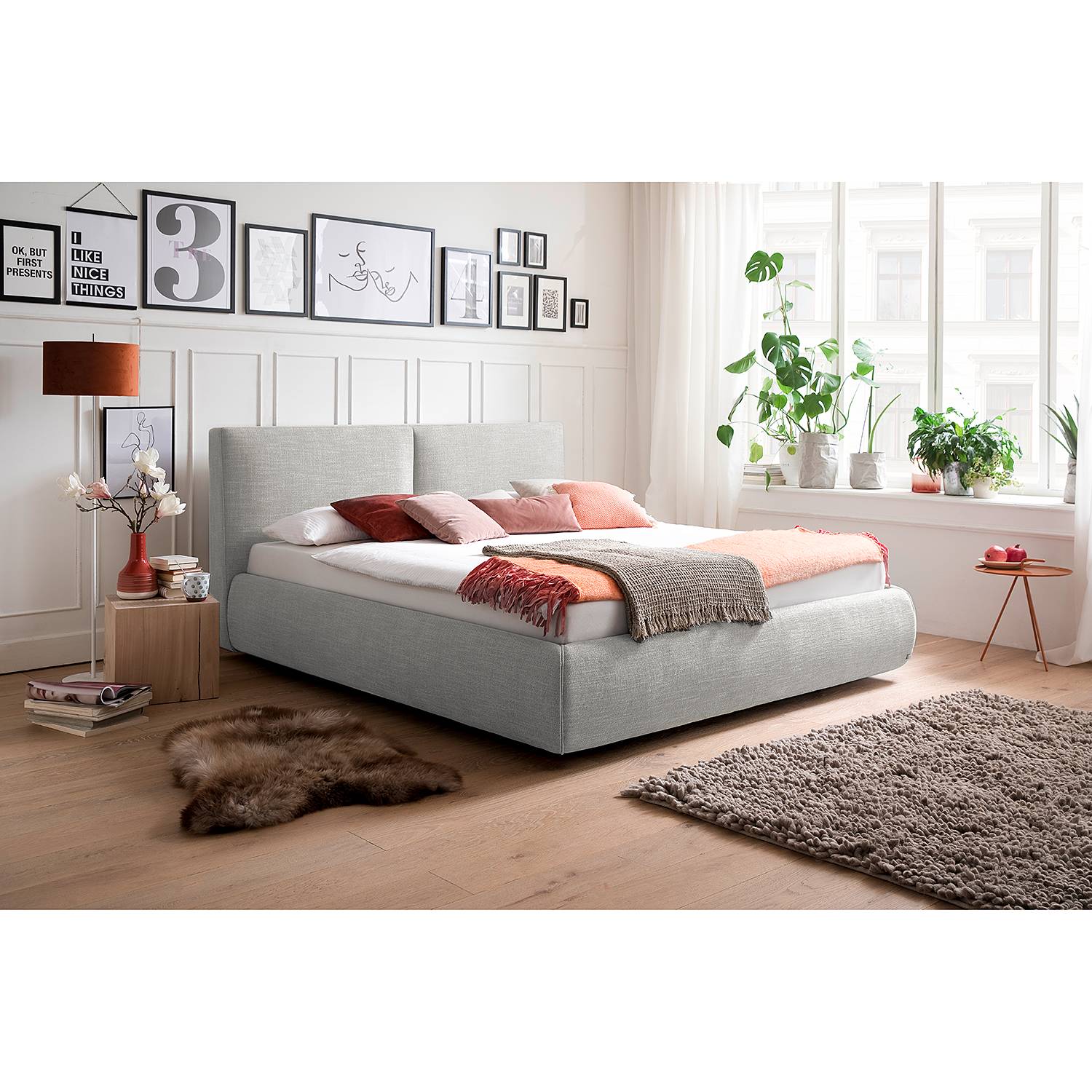 home24 meise.möbel Polsterbett Atesio 180x200 cm 90% Polyester/10% Baumwolle hellgrau