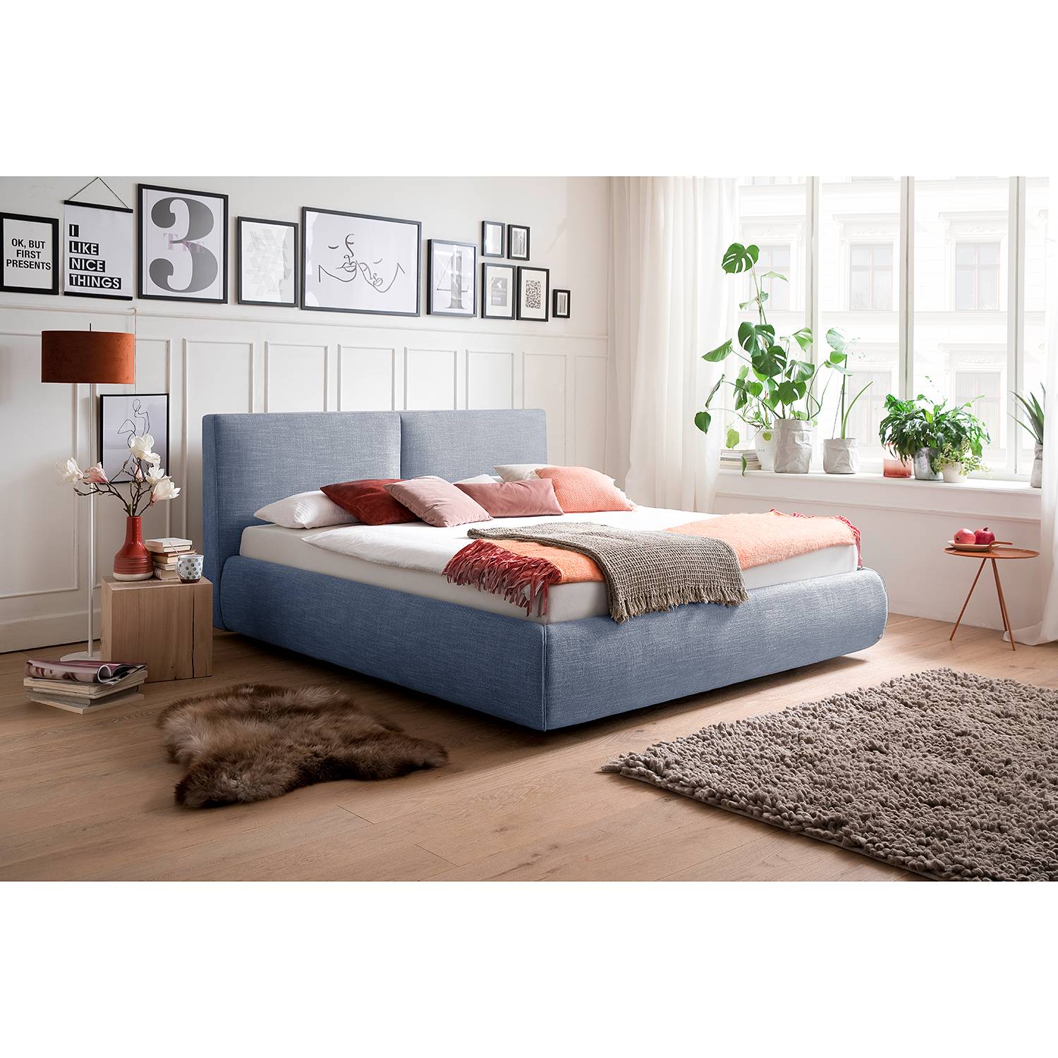 home24 meise.möbel Polsterbett Atesio 180x200 cm 90% Polyester/10% Baumwolle Jeansblau