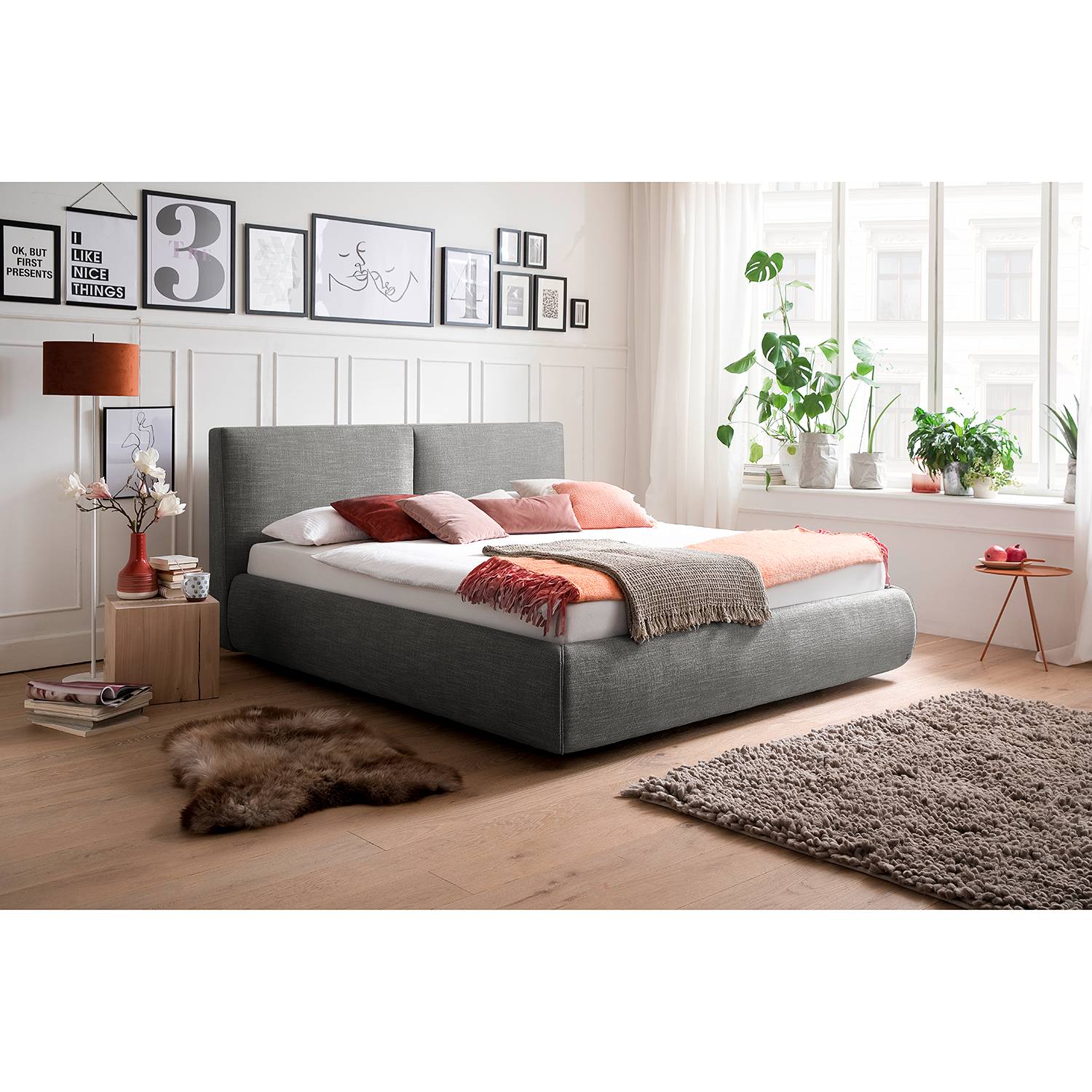 home24 meise.möbel Polsterbett Atesio 180x200 cm 90% Polyester/10% Baumwolle Hellanthrazit
