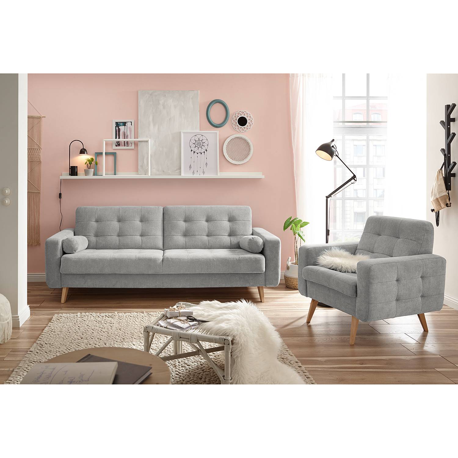 home24 Mørteens Schlafsofa Borsh Platin Microfaser 222x86x90 cm mit Schlaffunktion und Bettkasten