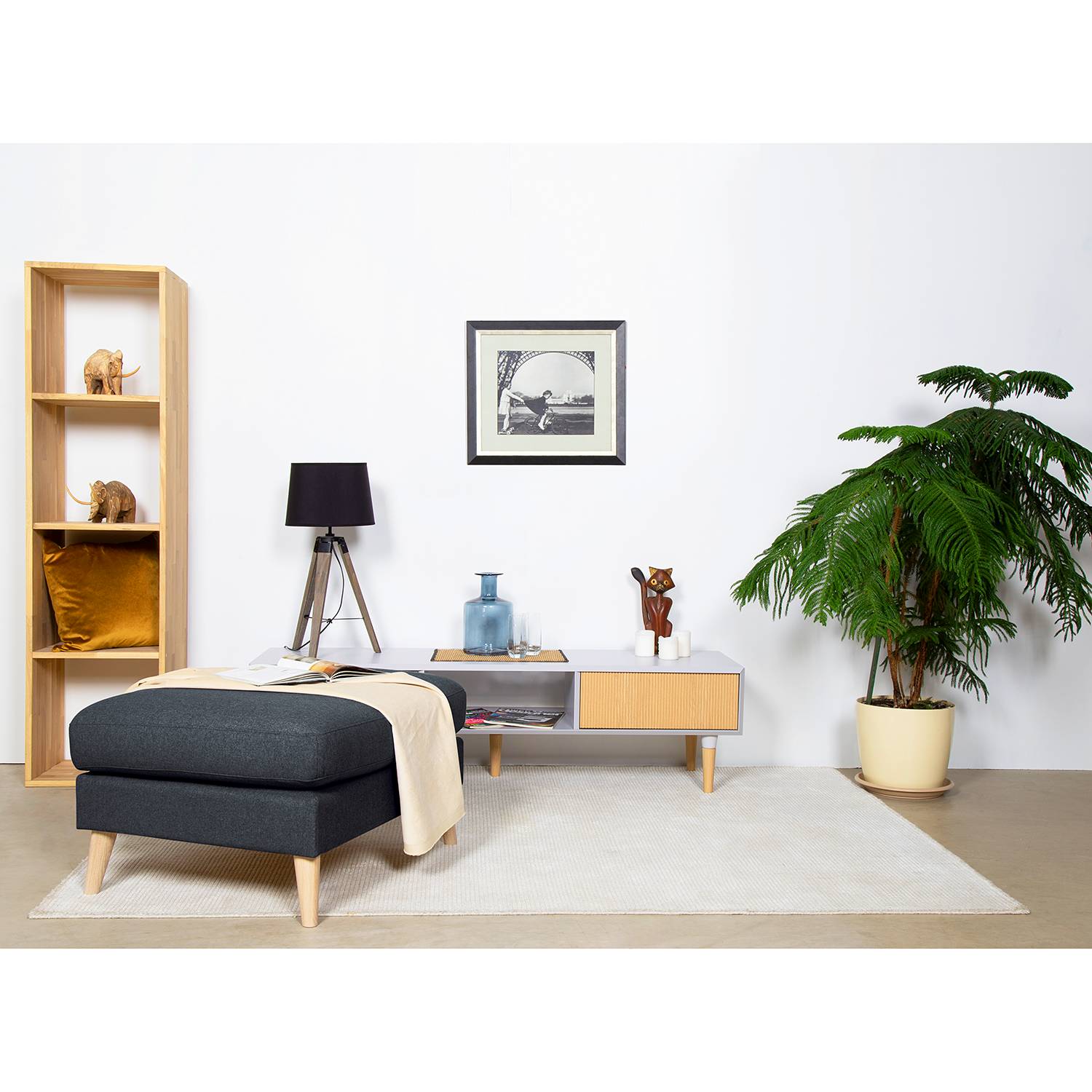 home24 Mørteens Polsterhocker Kustavi Dunkelblau Polyester 85x44x70 cm (BxHxT) Skandi